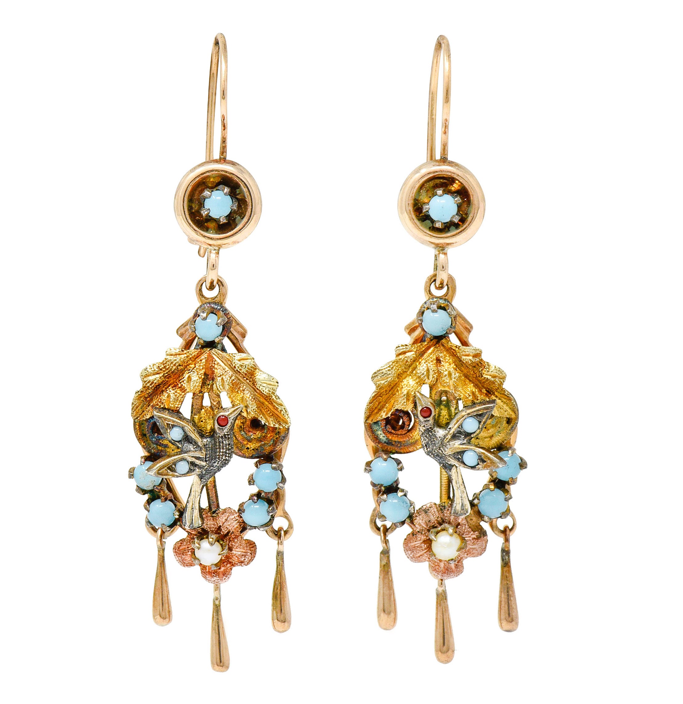 Victorian Pearl Glass Cabochon 14 Karat Tri-Colored Gold Bird & Foliate Drop EarringsEarrings - Wilson's Estate Jewelry