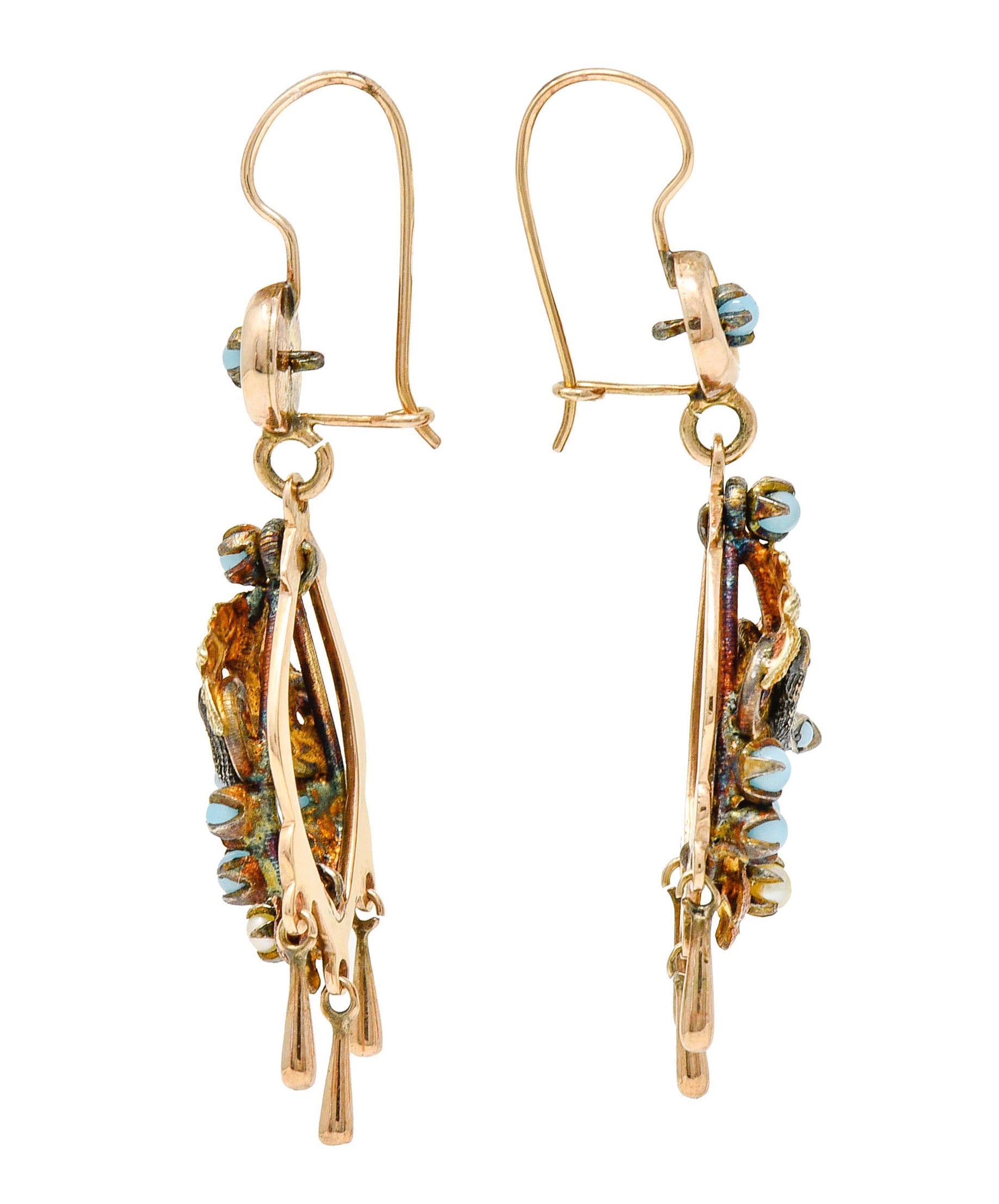 Victorian Pearl Glass Cabochon 14 Karat Tri-Colored Gold Bird & Foliate Drop EarringsEarrings - Wilson's Estate Jewelry