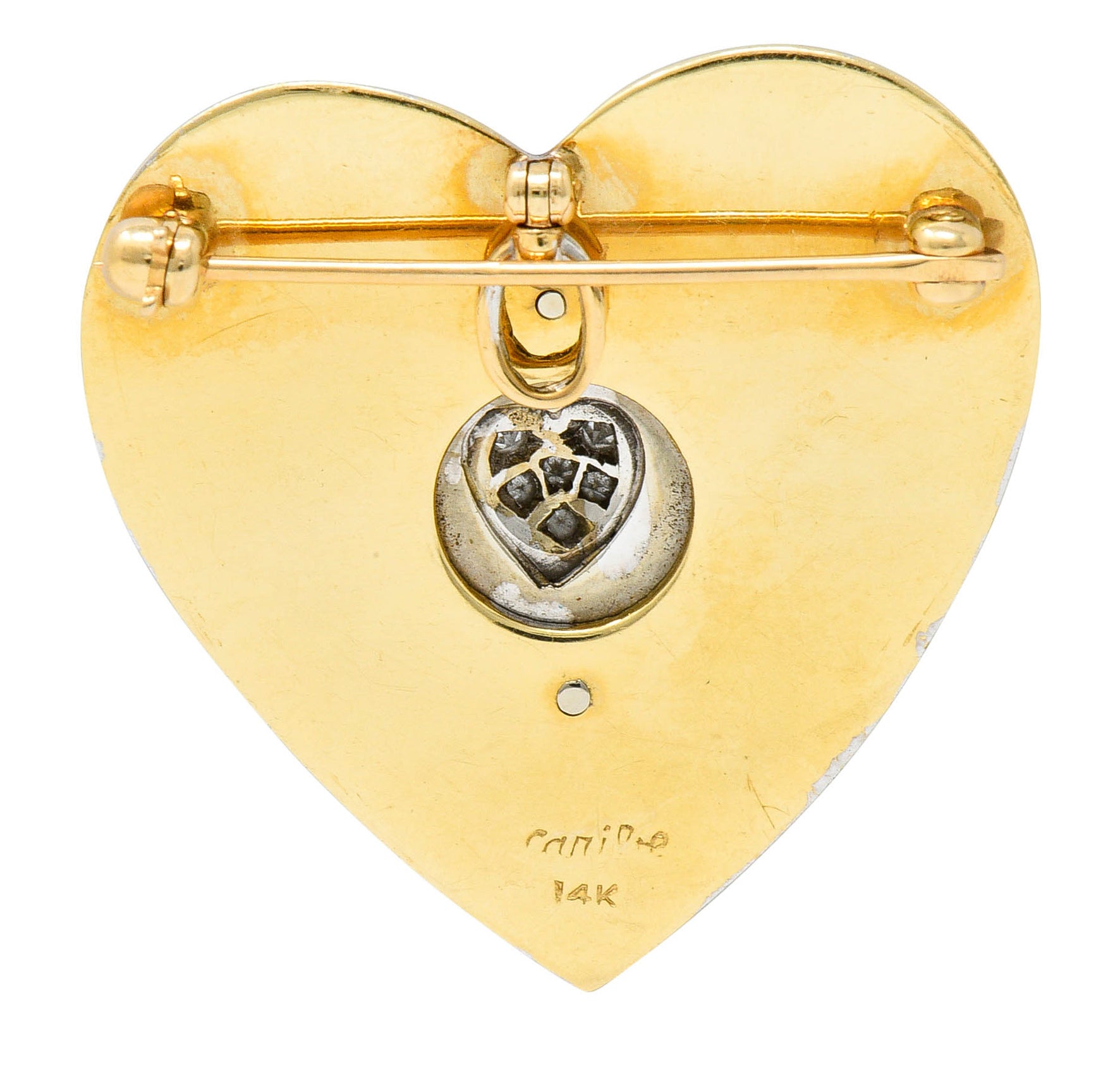 1950's Mid-Century Diamond Enamel Platinum 14 Karat Gold Heart Pendant Brooch - Wilson's Estate Jewelry