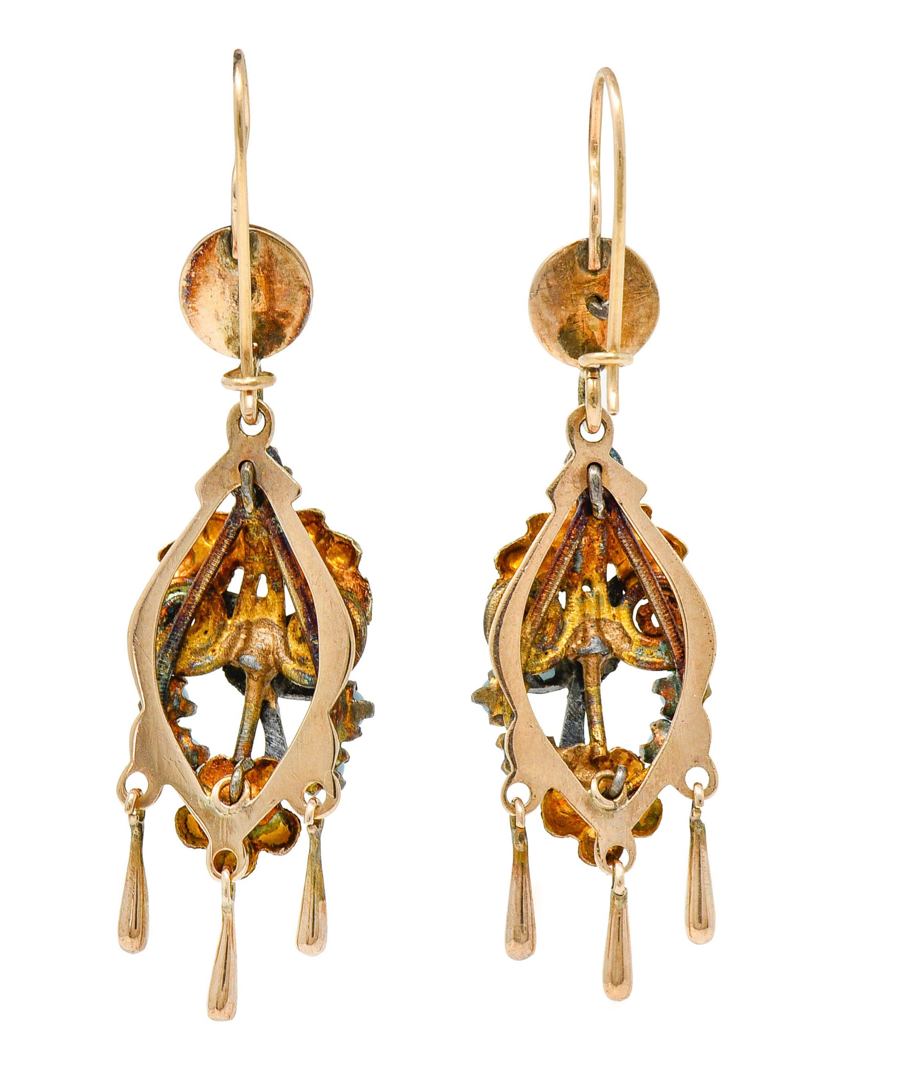 Victorian Pearl Glass Cabochon 14 Karat Tri-Colored Gold Bird & Foliate Drop EarringsEarrings - Wilson's Estate Jewelry