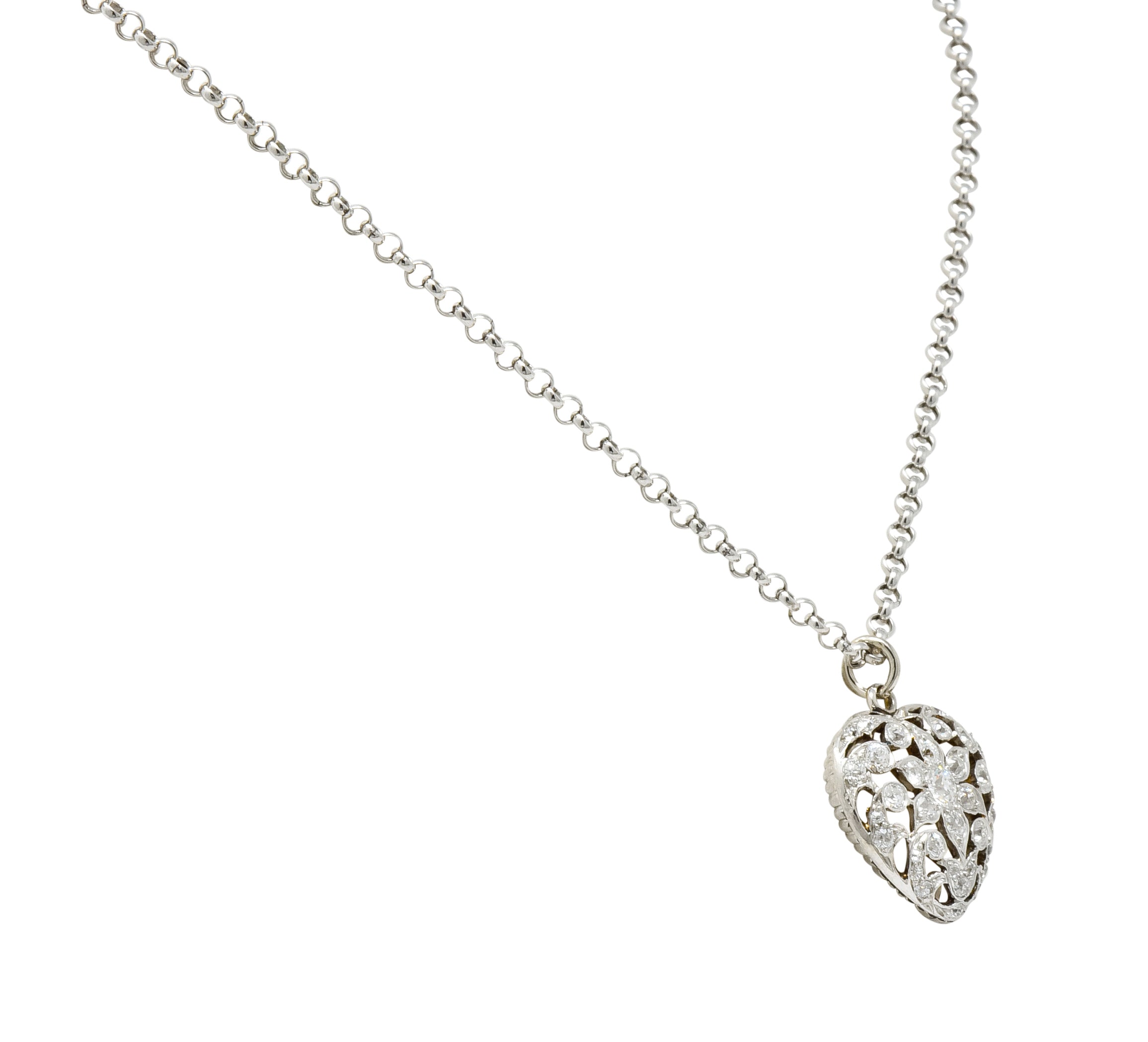 Edwardian 1.05 CTW Diamond Platinum-Topped 14 Karat White Gold Heart Pendant Necklace - Wilson's Estate Jewelry