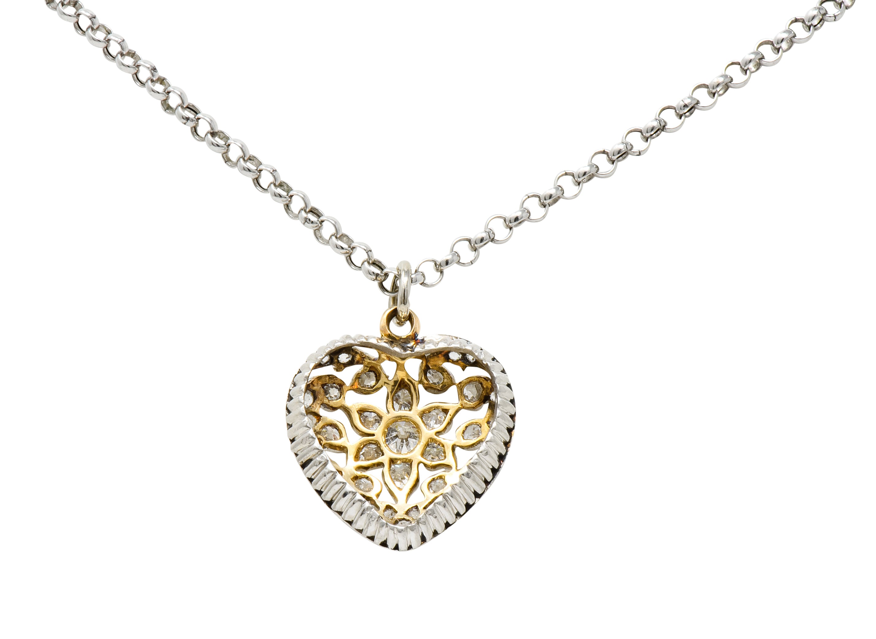 Edwardian 1.05 CTW Diamond Platinum-Topped 14 Karat White Gold Heart Pendant Necklace - Wilson's Estate Jewelry