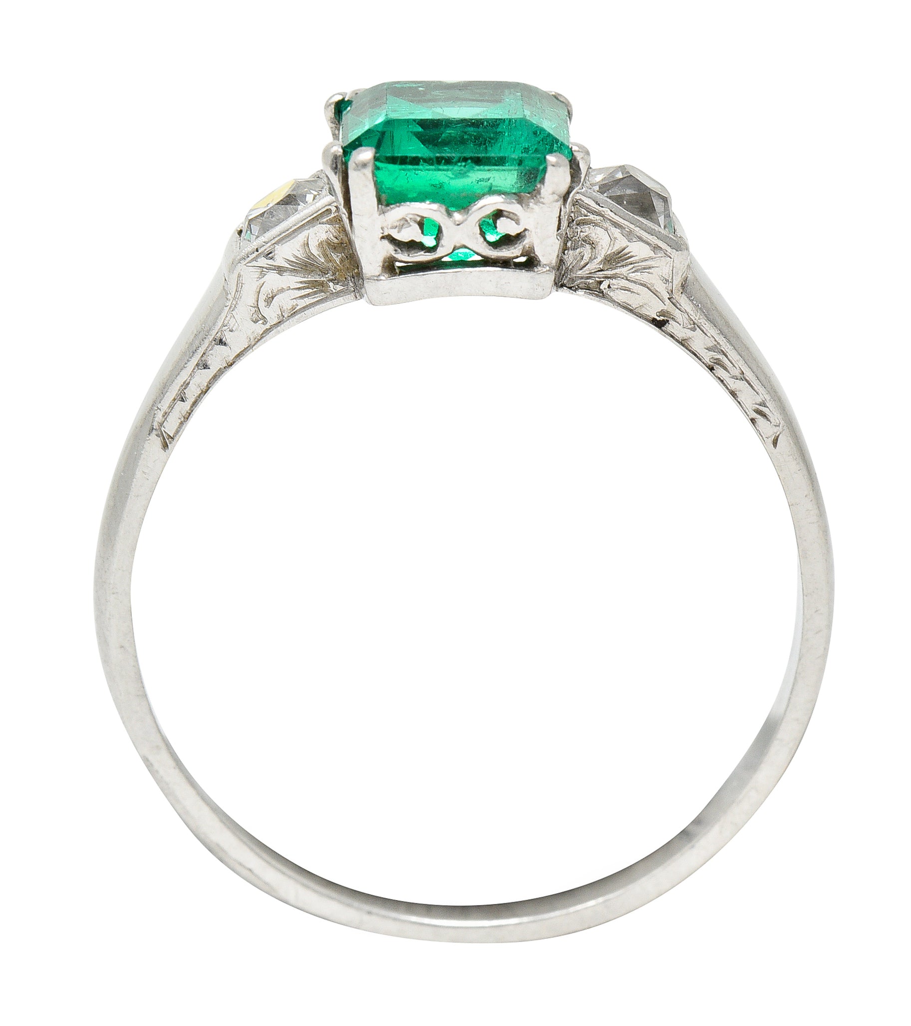 Art Deco 1.65 CTW Emerald Diamond Platinum Three Stone Ring Wilson's Estate Jewelry