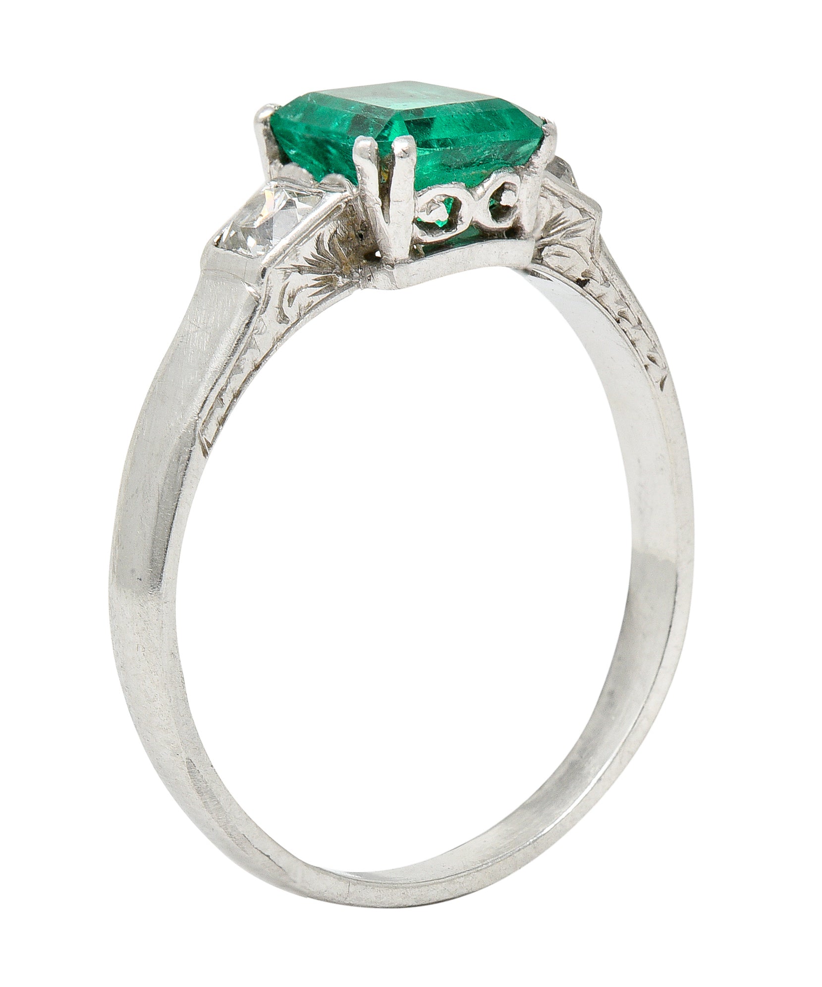 Art Deco 1.65 CTW Emerald Diamond Platinum Three Stone Ring Wilson's Estate Jewelry