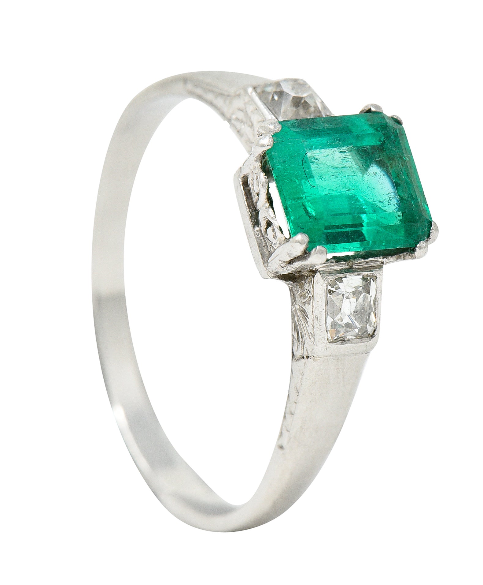 Art Deco 1.65 CTW Emerald Diamond Platinum Three Stone Ring Wilson's Estate Jewelry