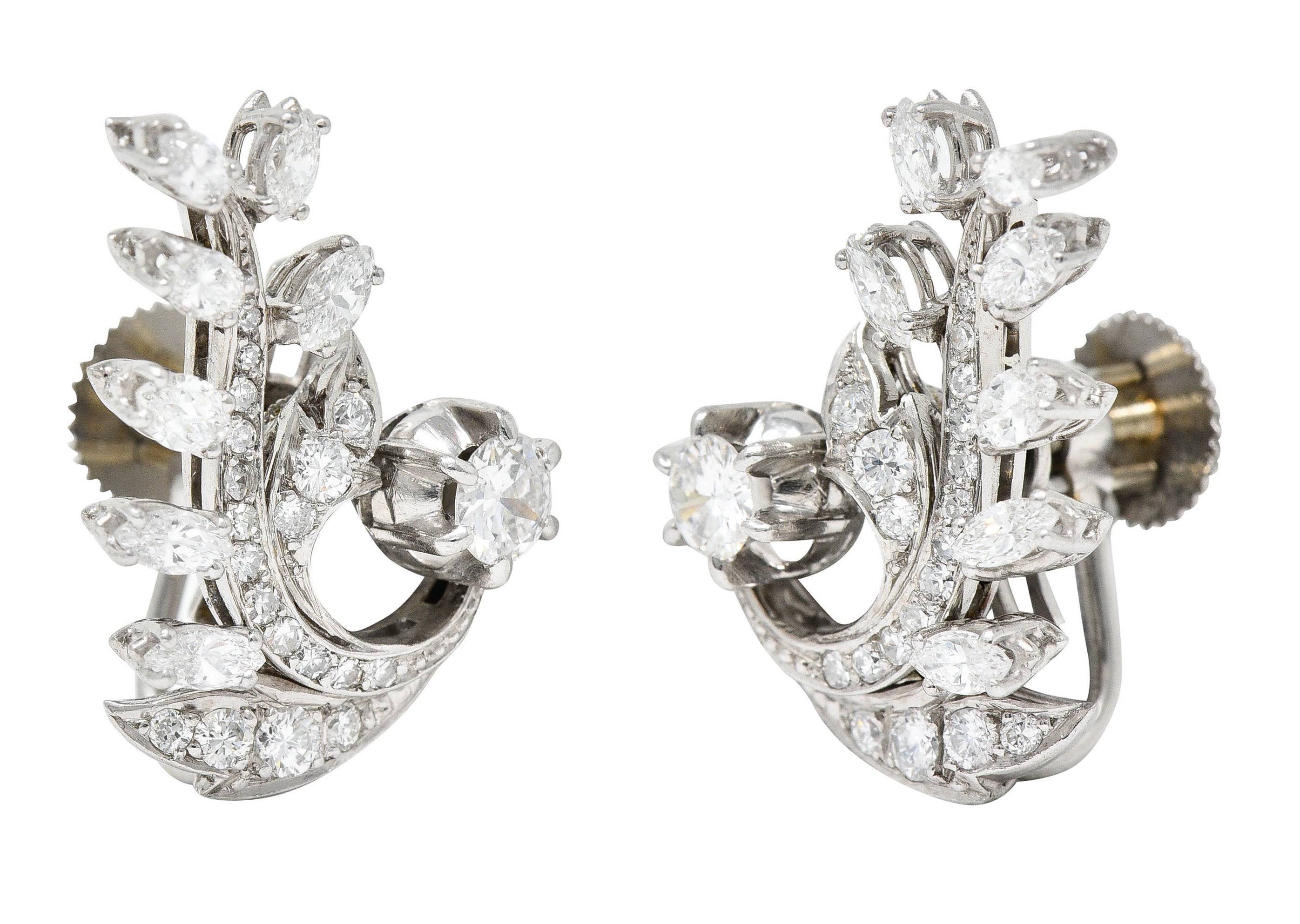 Mid-Century 2.65 CTW Diamond Platinum Foliate Screwback EarringsEarrings - Wilson's Estate Jewelry