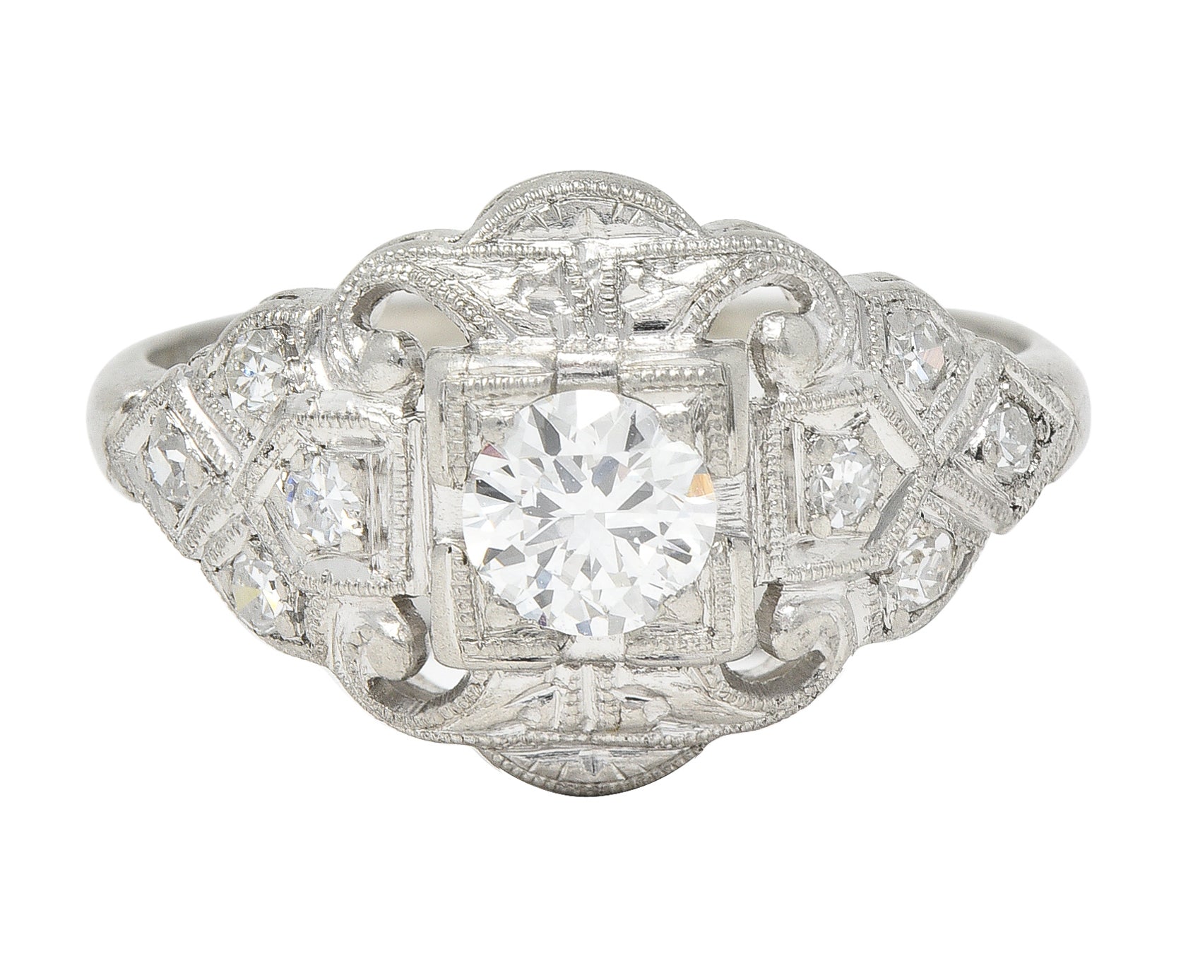 Art Deco 0.41 CTW Old European Cut Diamond Platinum Scrolling Foliate Bombay Engagement Ring Wilson's Estate Jewelry