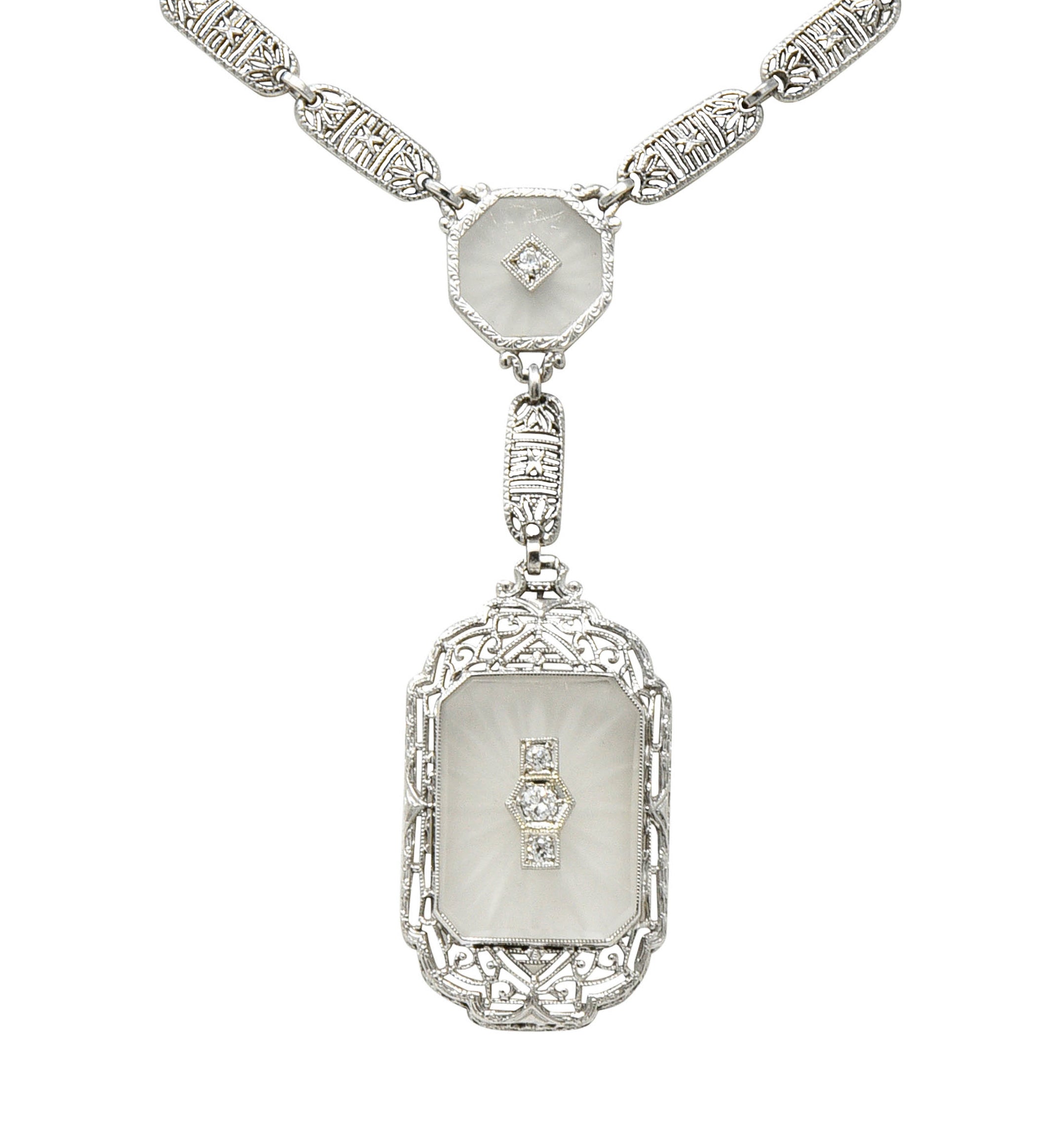 Early Art Deco Diamond Camphor Glass Platinum 14 Karat White Gold Drop NecklaceNecklace - Wilson's Estate Jewelry