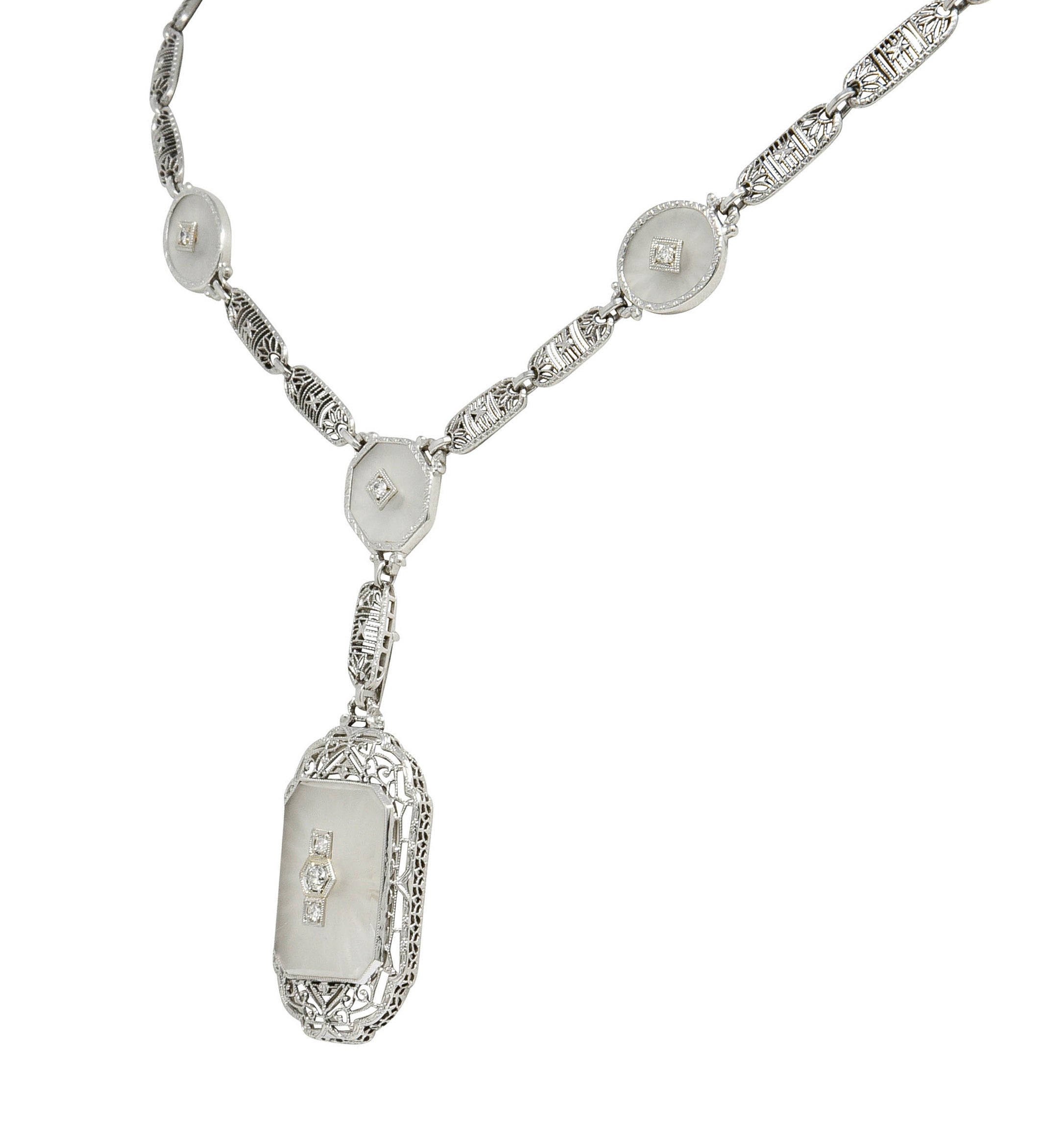 Early Art Deco Diamond Camphor Glass Platinum 14 Karat White Gold Drop NecklaceNecklace - Wilson's Estate Jewelry