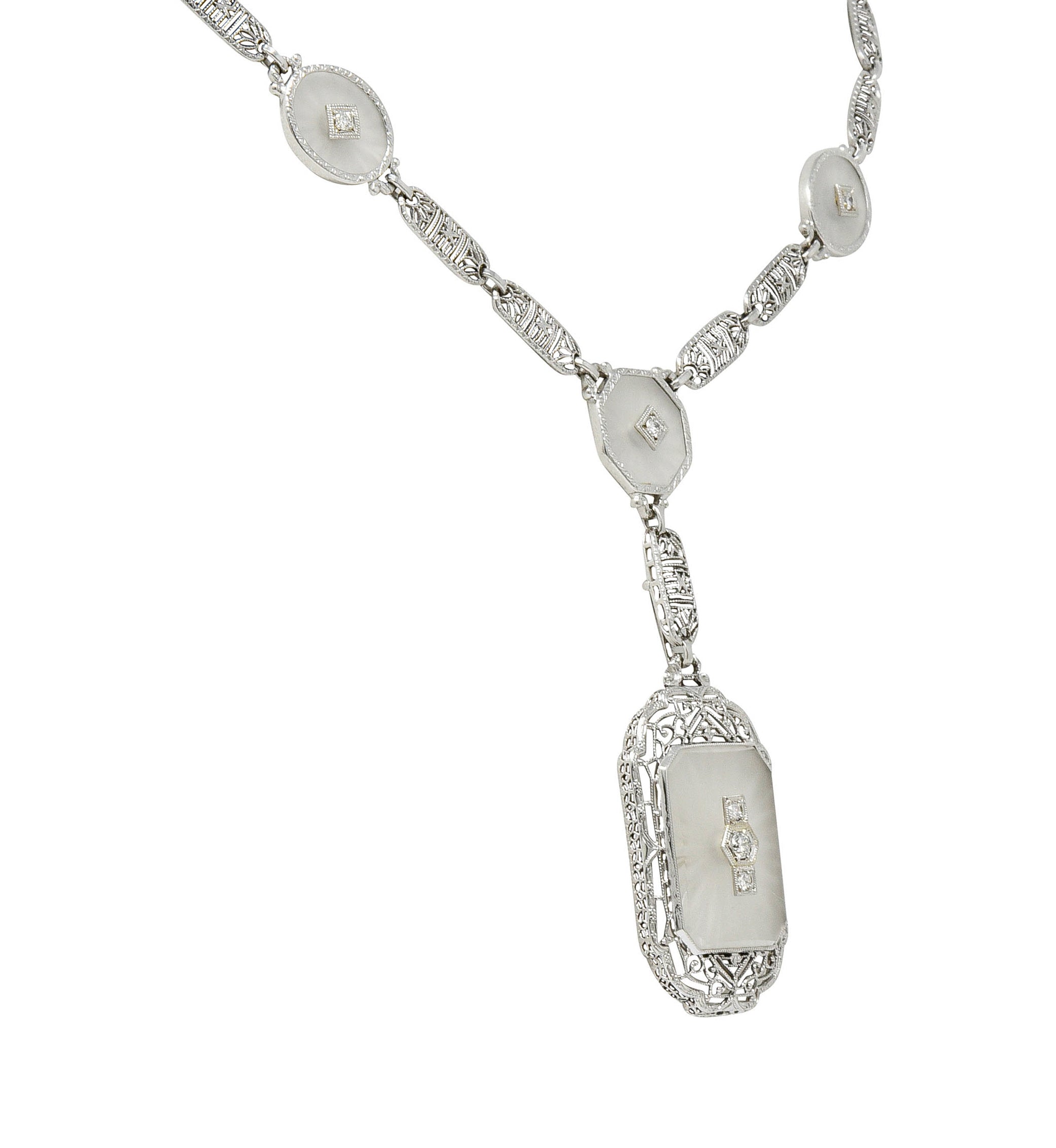 Early Art Deco Diamond Camphor Glass Platinum 14 Karat White Gold Drop NecklaceNecklace - Wilson's Estate Jewelry