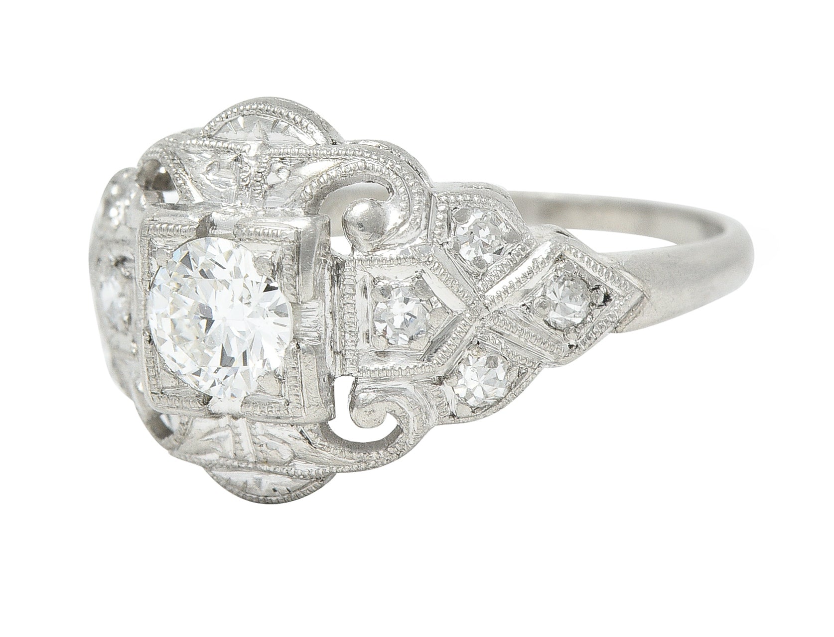 Art Deco 0.41 CTW Old European Cut Diamond Platinum Scrolling Foliate Bombay Engagement Ring Wilson's Estate Jewelry