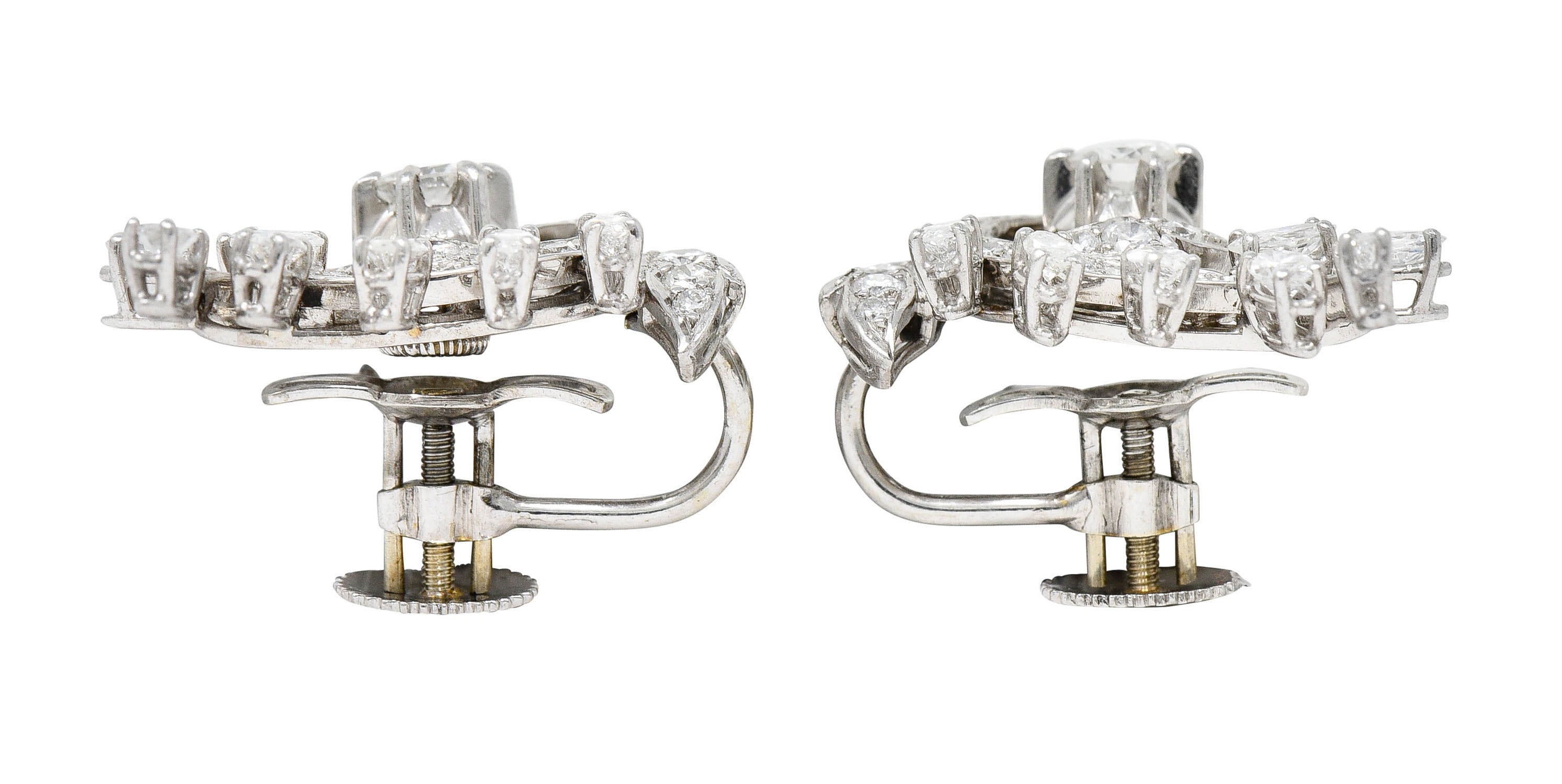 Mid-Century 2.65 CTW Diamond Platinum Foliate Screwback EarringsEarrings - Wilson's Estate Jewelry