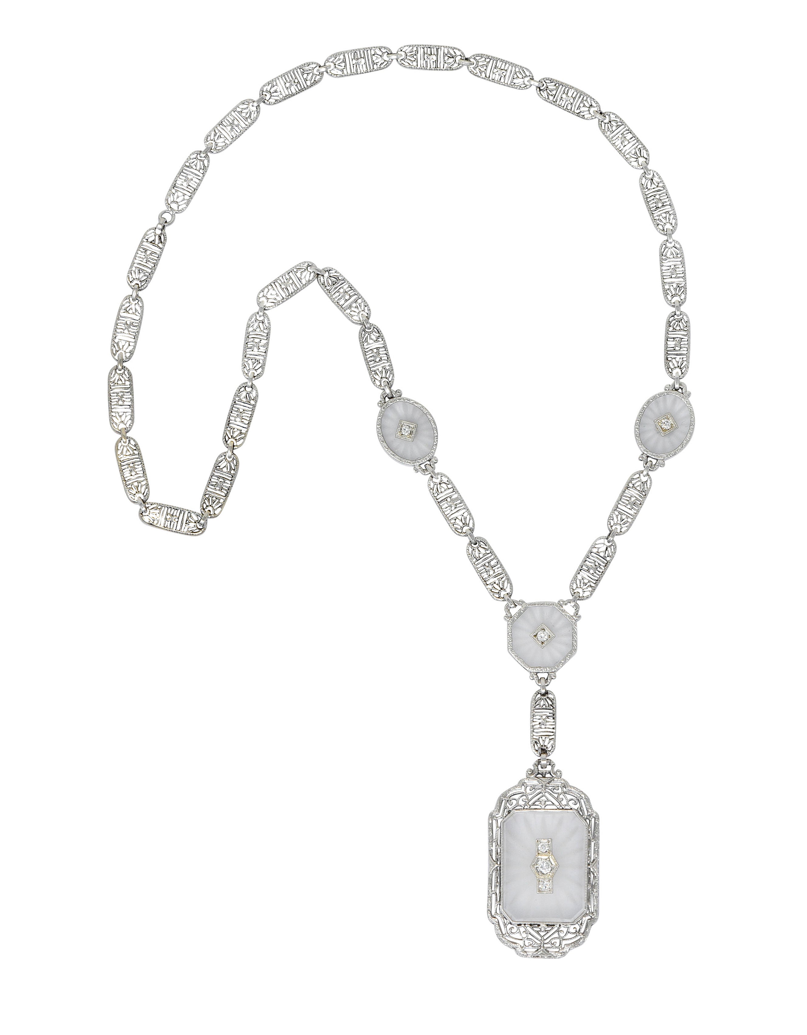 Early Art Deco Diamond Camphor Glass Platinum 14 Karat White Gold Drop NecklaceNecklace - Wilson's Estate Jewelry