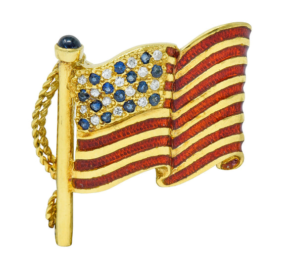 Franklin Mint Sapphire Diamond Enamel 18 Karat Gold American Unisex Flag BroochBrooch - Wilson's Estate Jewelry