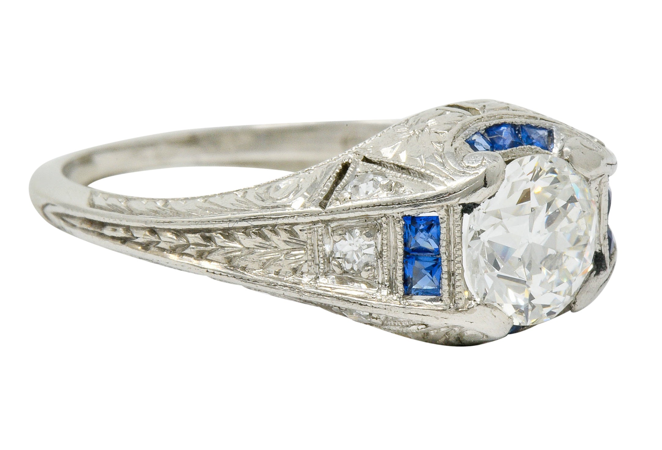 Art Deco 0.84 CTW Diamond Sapphire Platinum Floral Engagement RingRing - Wilson's Estate Jewelry