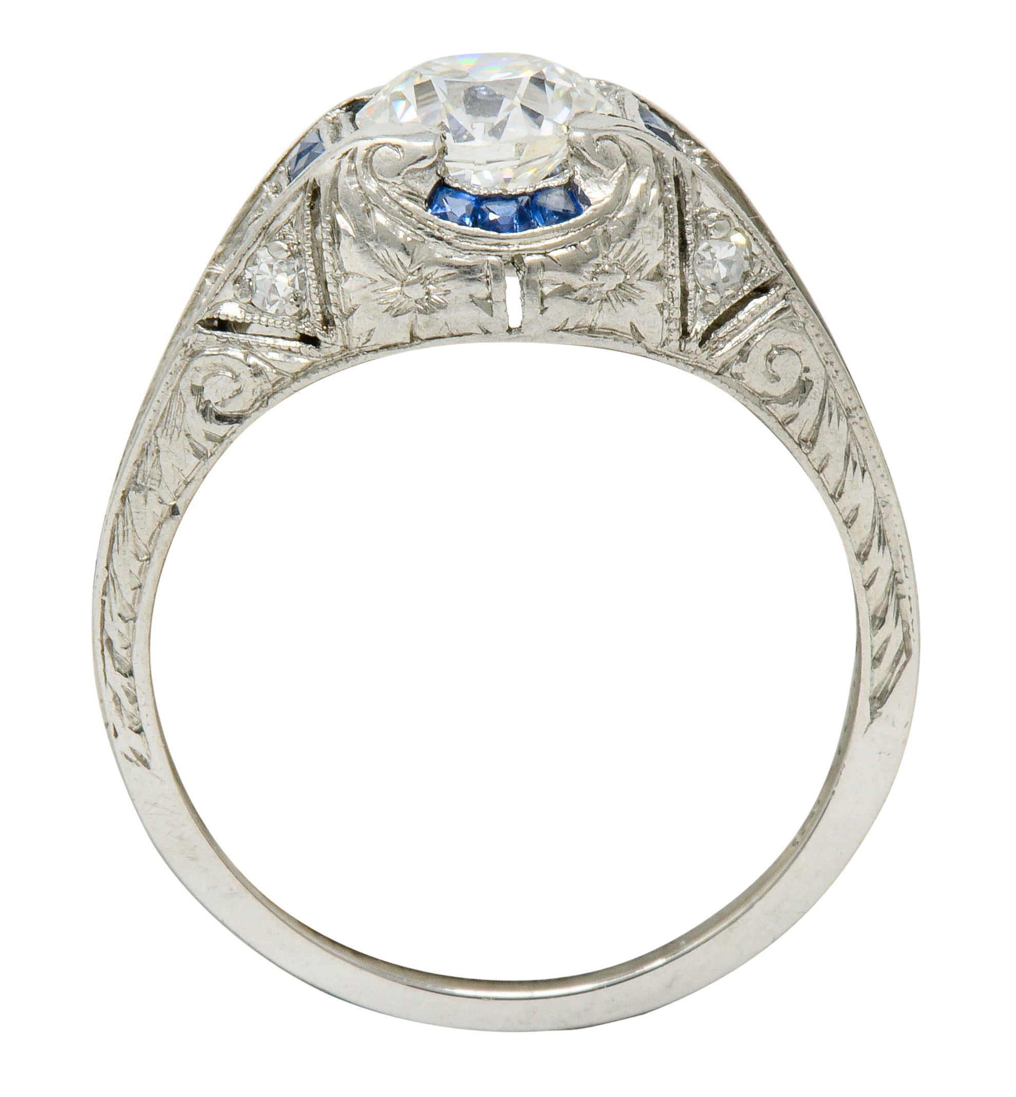 Art Deco 0.84 CTW Diamond Sapphire Platinum Floral Engagement RingRing - Wilson's Estate Jewelry