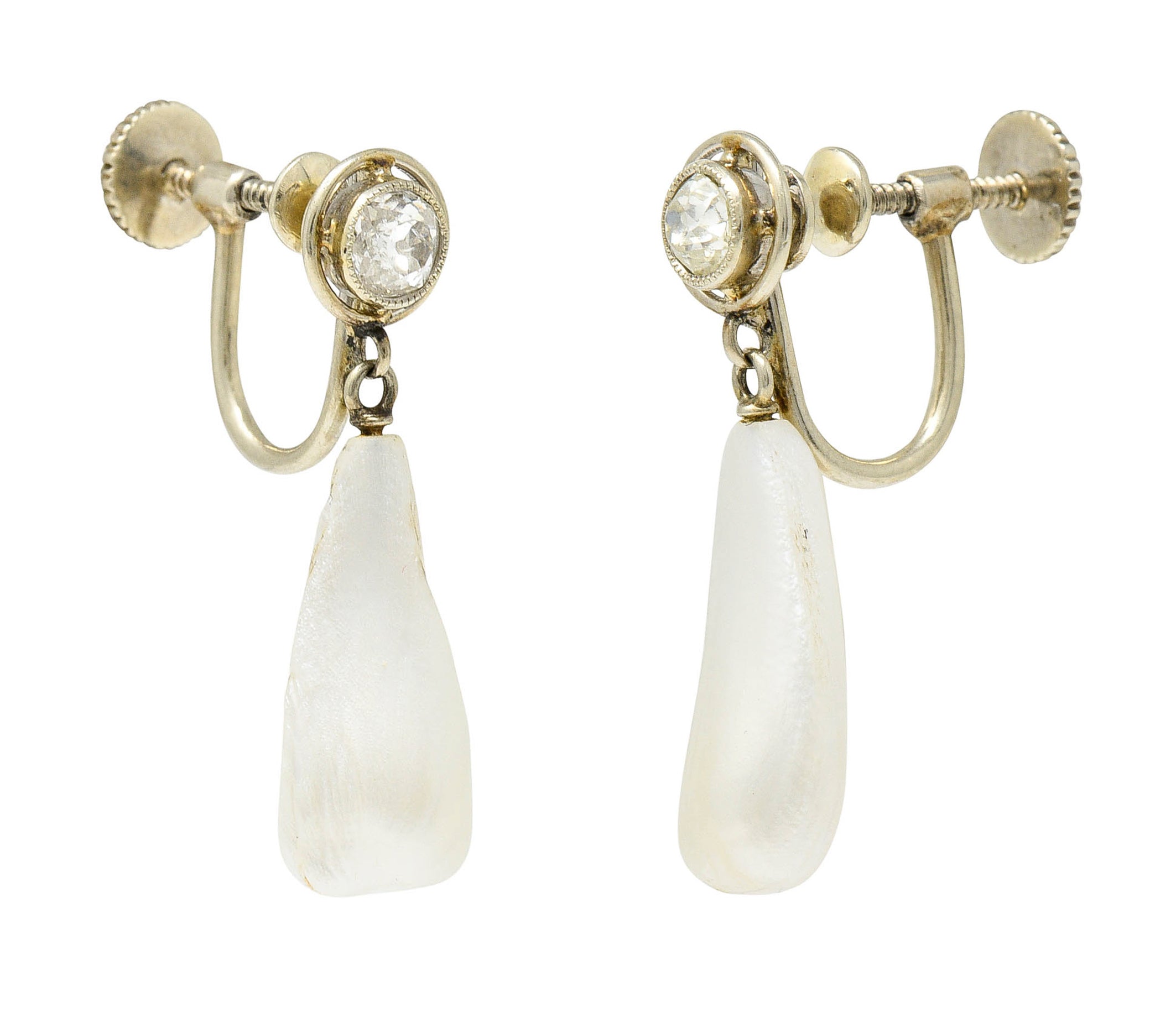 Edwardian Diamond Dogtooth Pearl 18 Karat White Gold Screwback EarringsEarrings - Wilson's Estate Jewelry