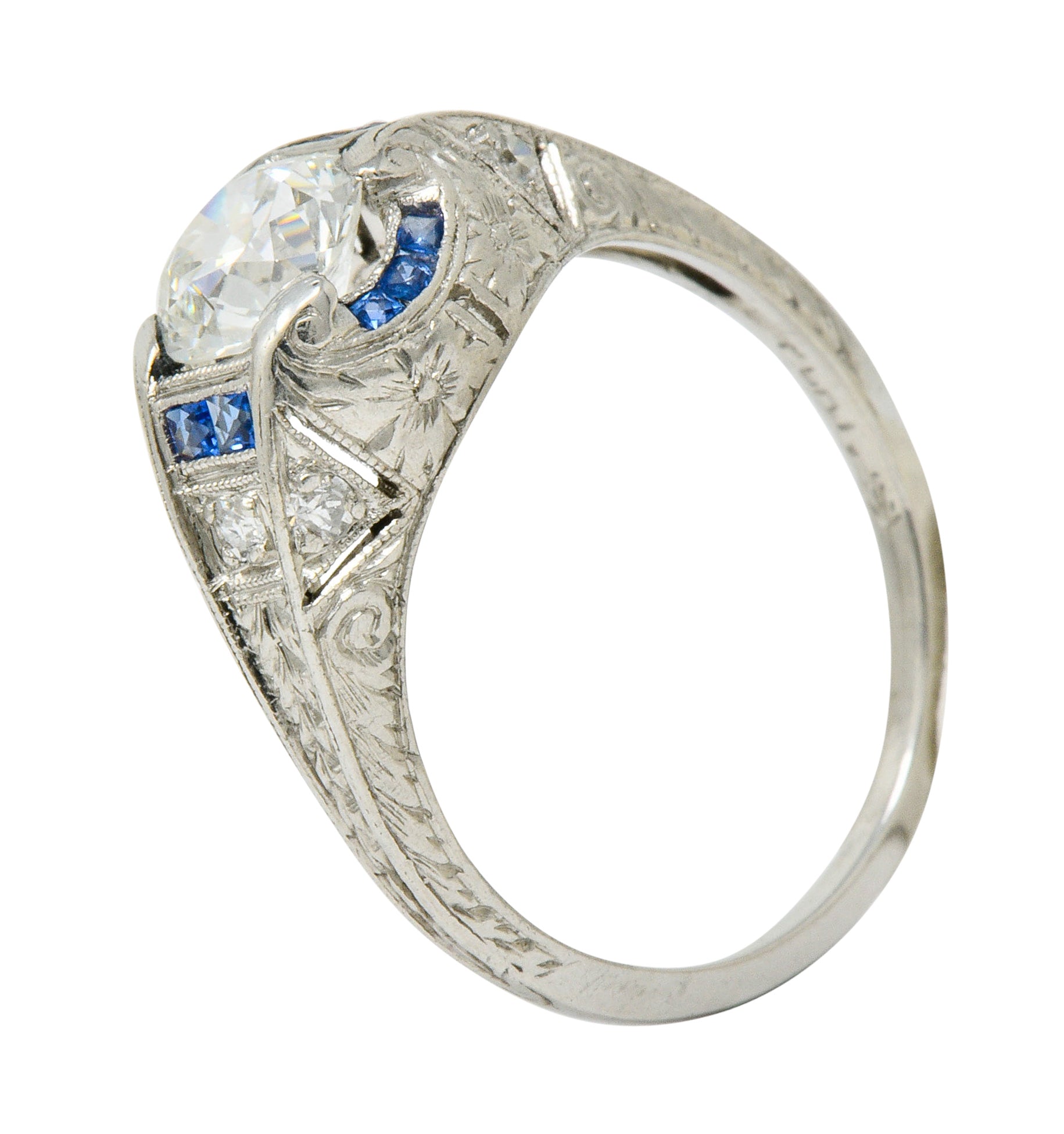 Art Deco 0.84 CTW Diamond Sapphire Platinum Floral Engagement RingRing - Wilson's Estate Jewelry