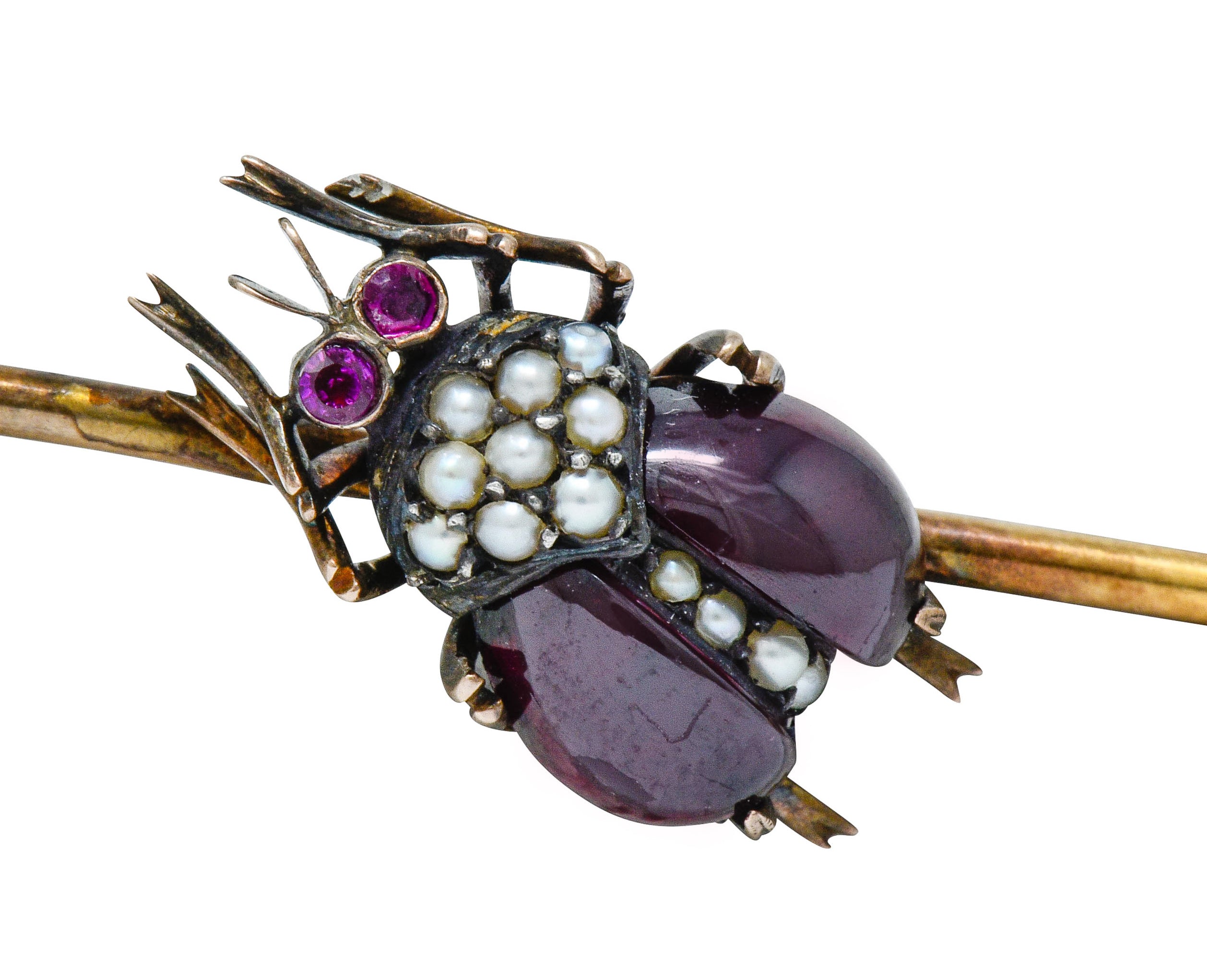 French Victorian Garnet Pearl Ruby Silver-Topped 18 Karat Gold Beetle Bar BroochBrooch - Wilson's Estate Jewelry