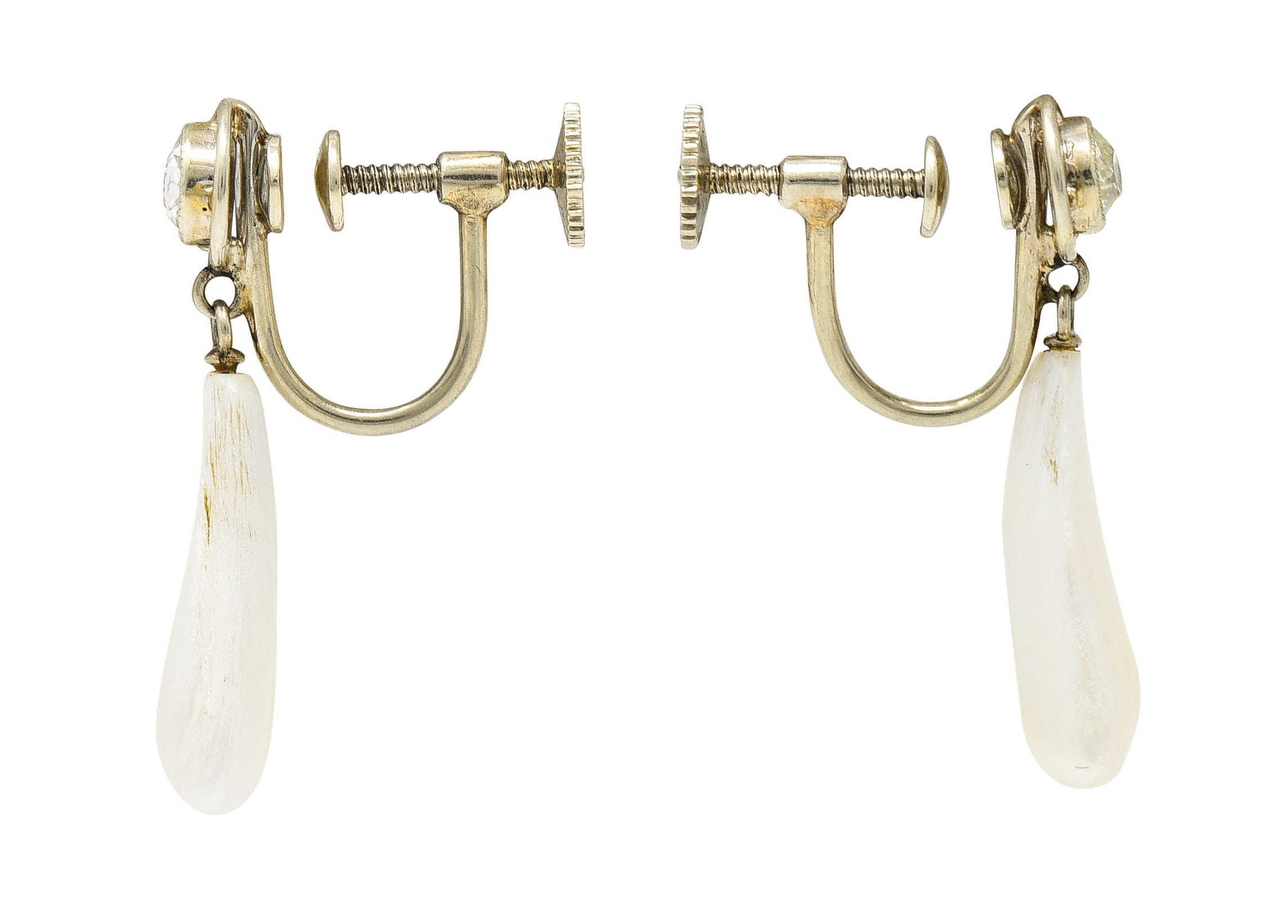 Edwardian Diamond Dogtooth Pearl 18 Karat White Gold Screwback EarringsEarrings - Wilson's Estate Jewelry