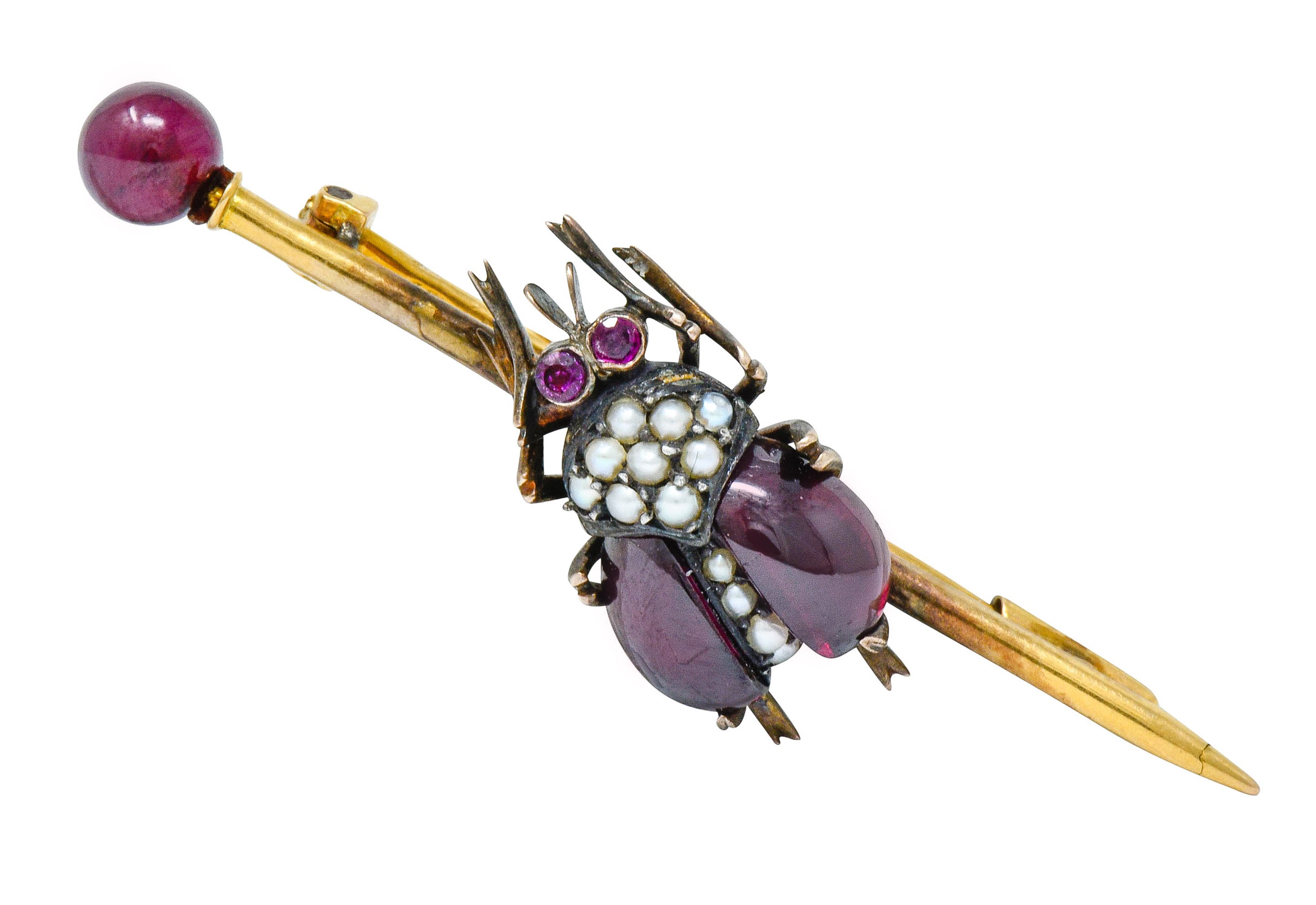 French Victorian Garnet Pearl Ruby Silver-Topped 18 Karat Gold Beetle Bar BroochBrooch - Wilson's Estate Jewelry