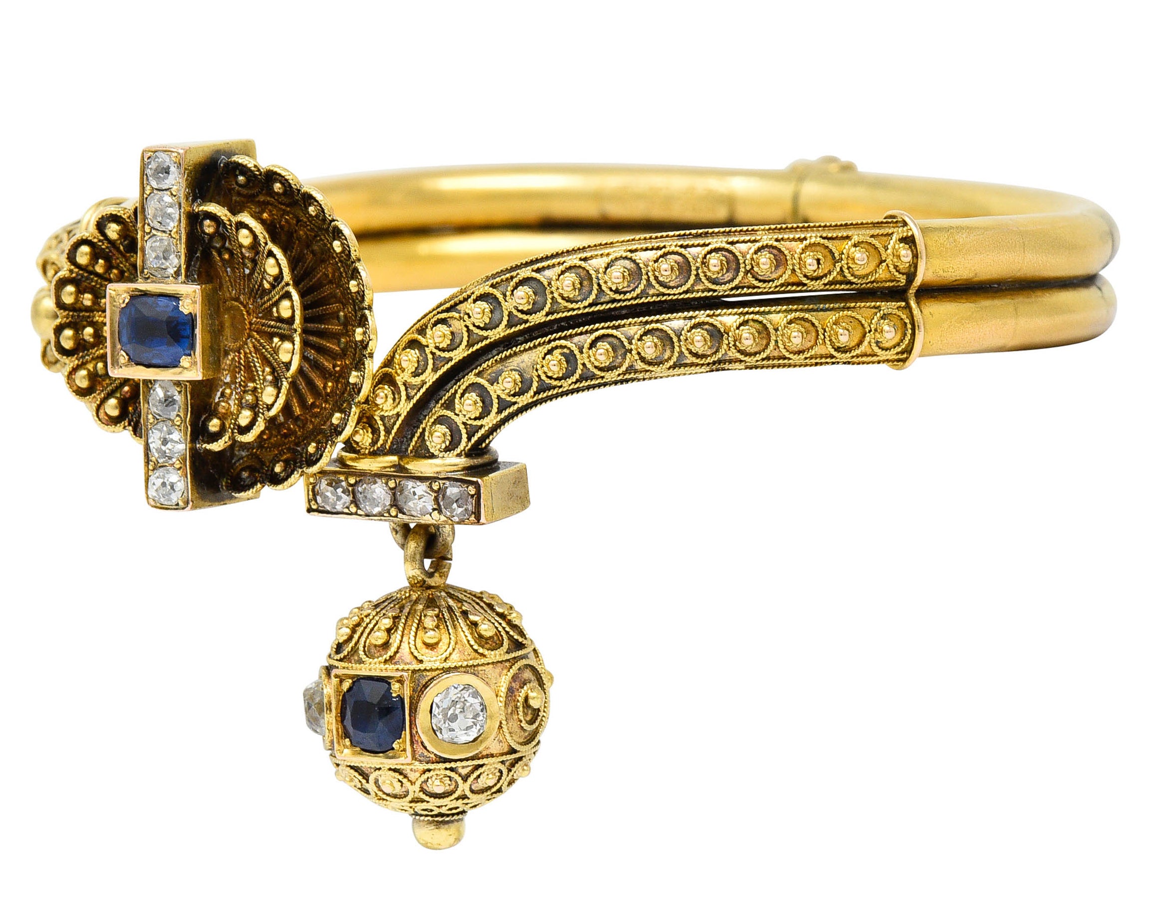 Victorian Etruscan Revival Sapphire Diamond 14 Karat Gold Cuff Braceletbracelet - Wilson's Estate Jewelry