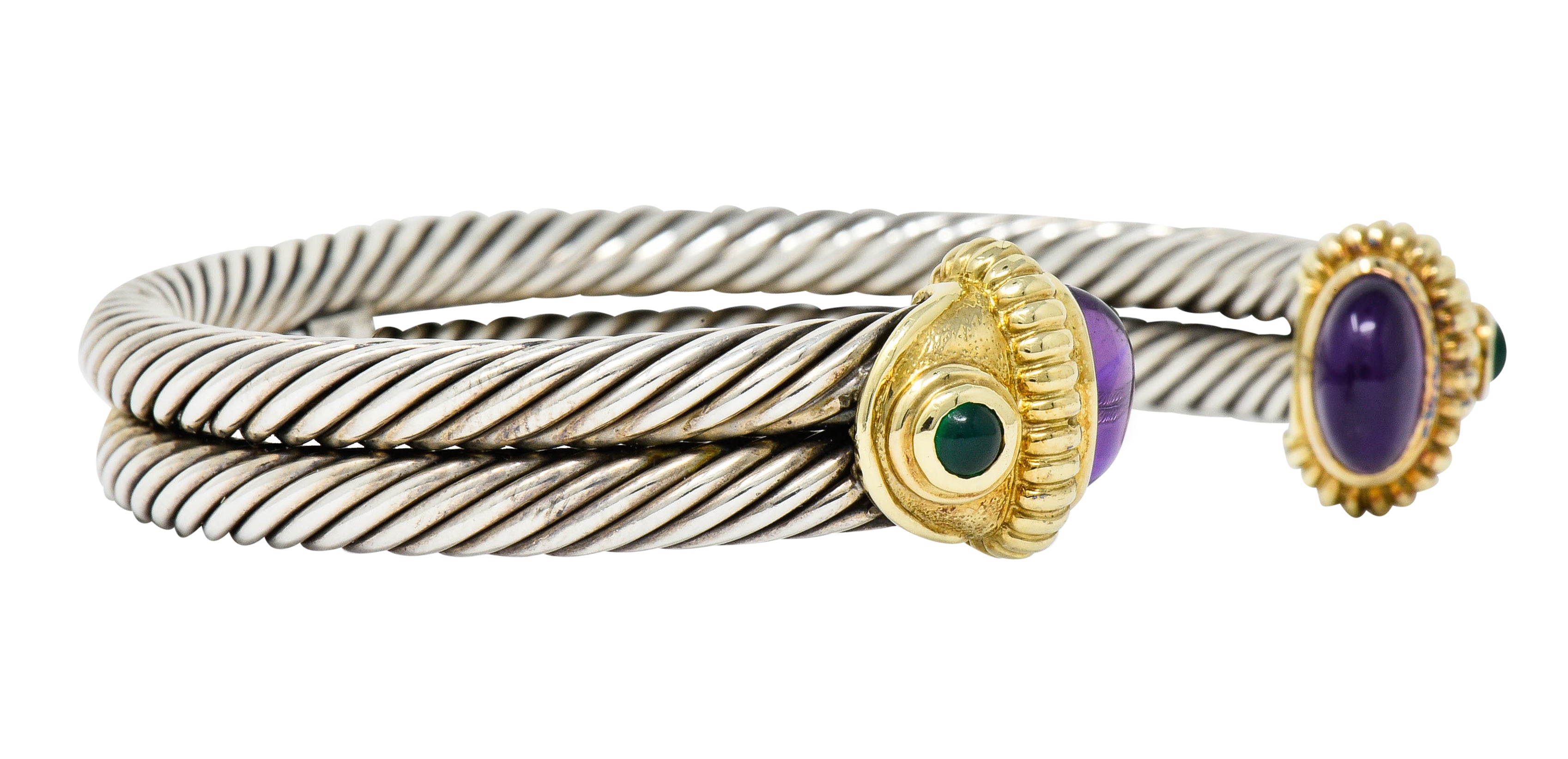 David Yurman Amethyst Chrysoprase 14 Karat Gold Sterling Silver Cable Cuffbracelet - Wilson's Estate Jewelry