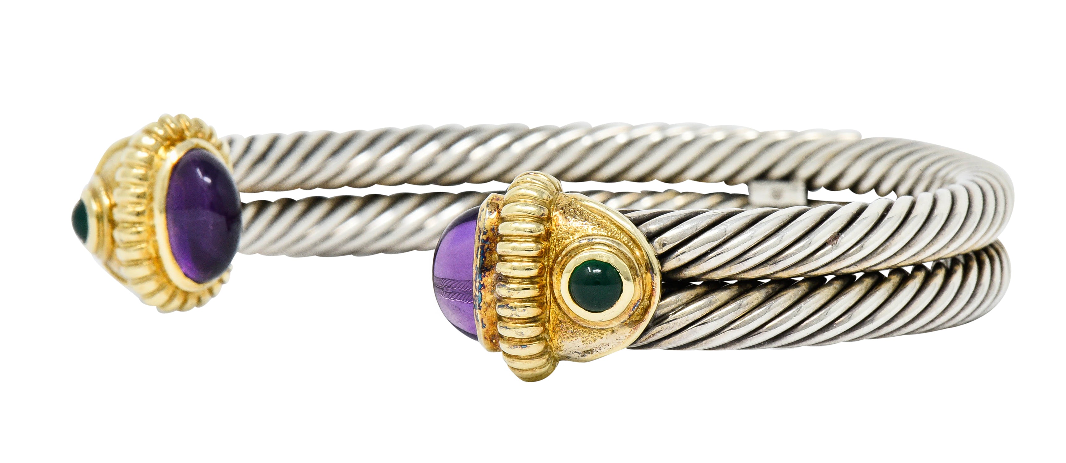 David Yurman Amethyst Chrysoprase 14 Karat Gold Sterling Silver Cable Cuffbracelet - Wilson's Estate Jewelry