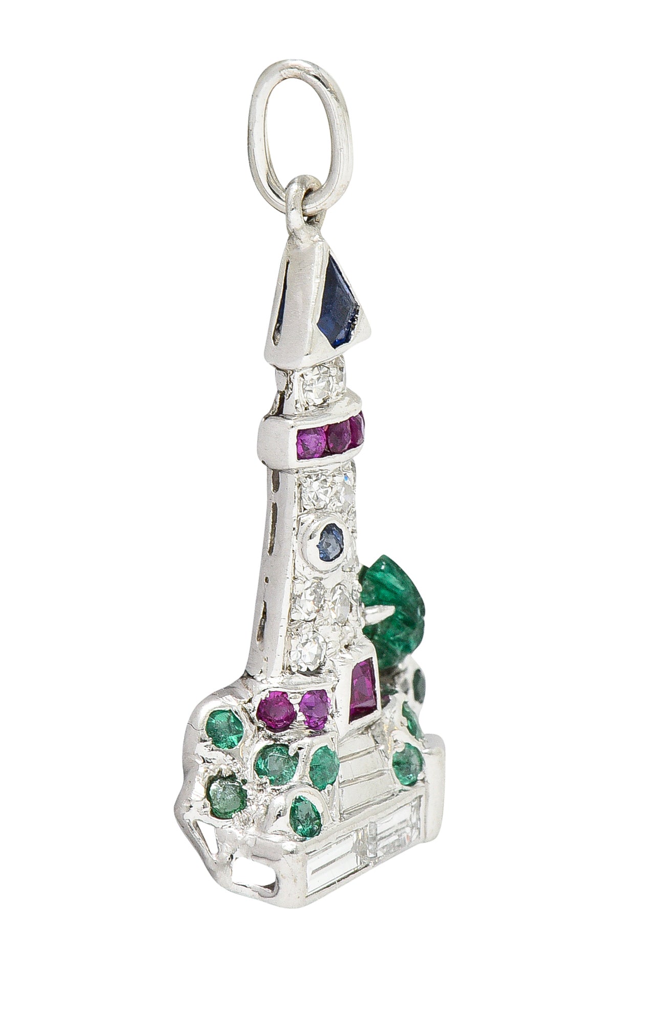 Art Deco 1.07 CTW Diamond Sapphire Emerald Ruby Platinum Lighthouse Charm Wilson's Estate Jewelry