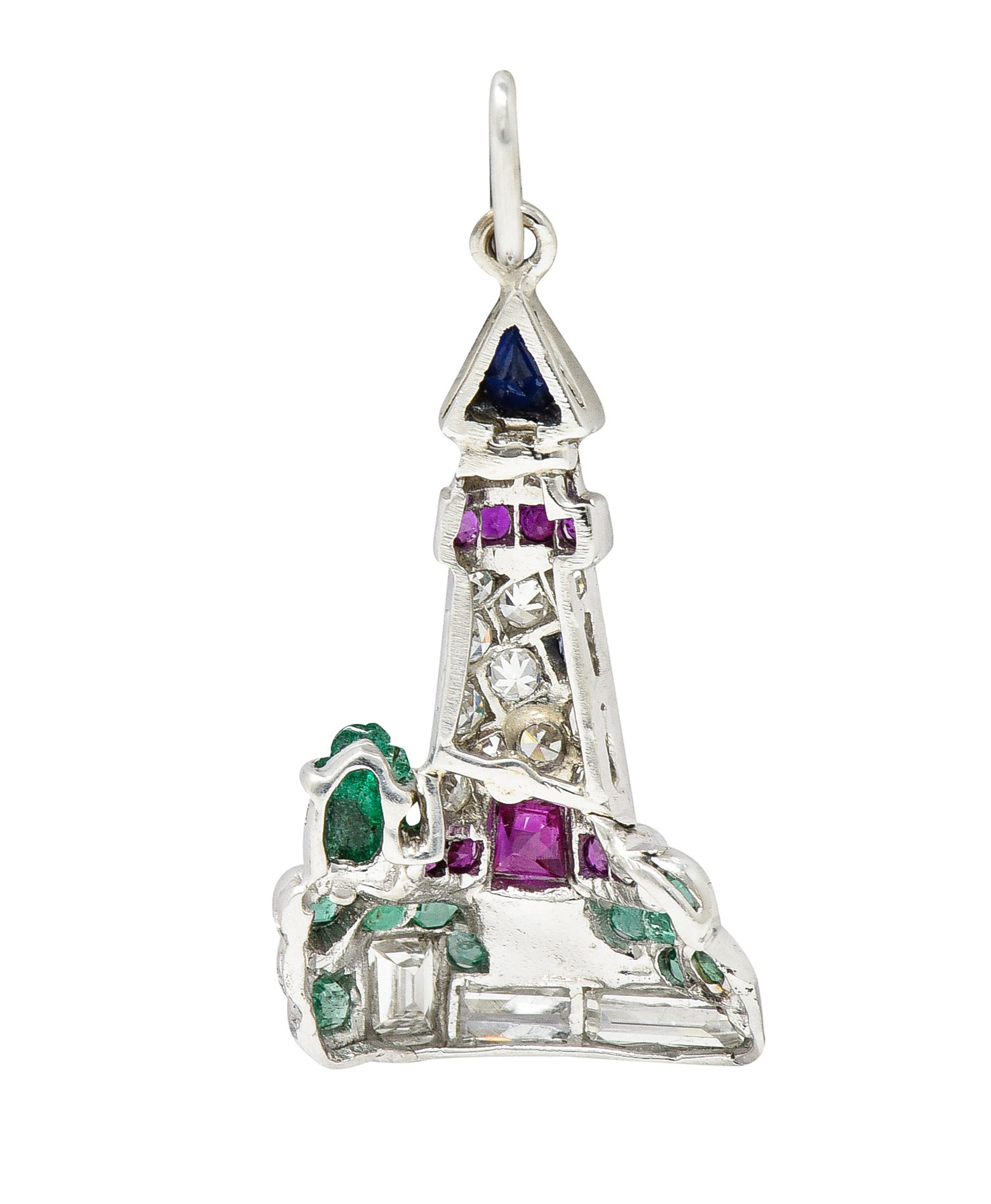 Art Deco 1.07 CTW Diamond Sapphire Emerald Ruby Platinum Lighthouse Charm Wilson's Estate Jewelry