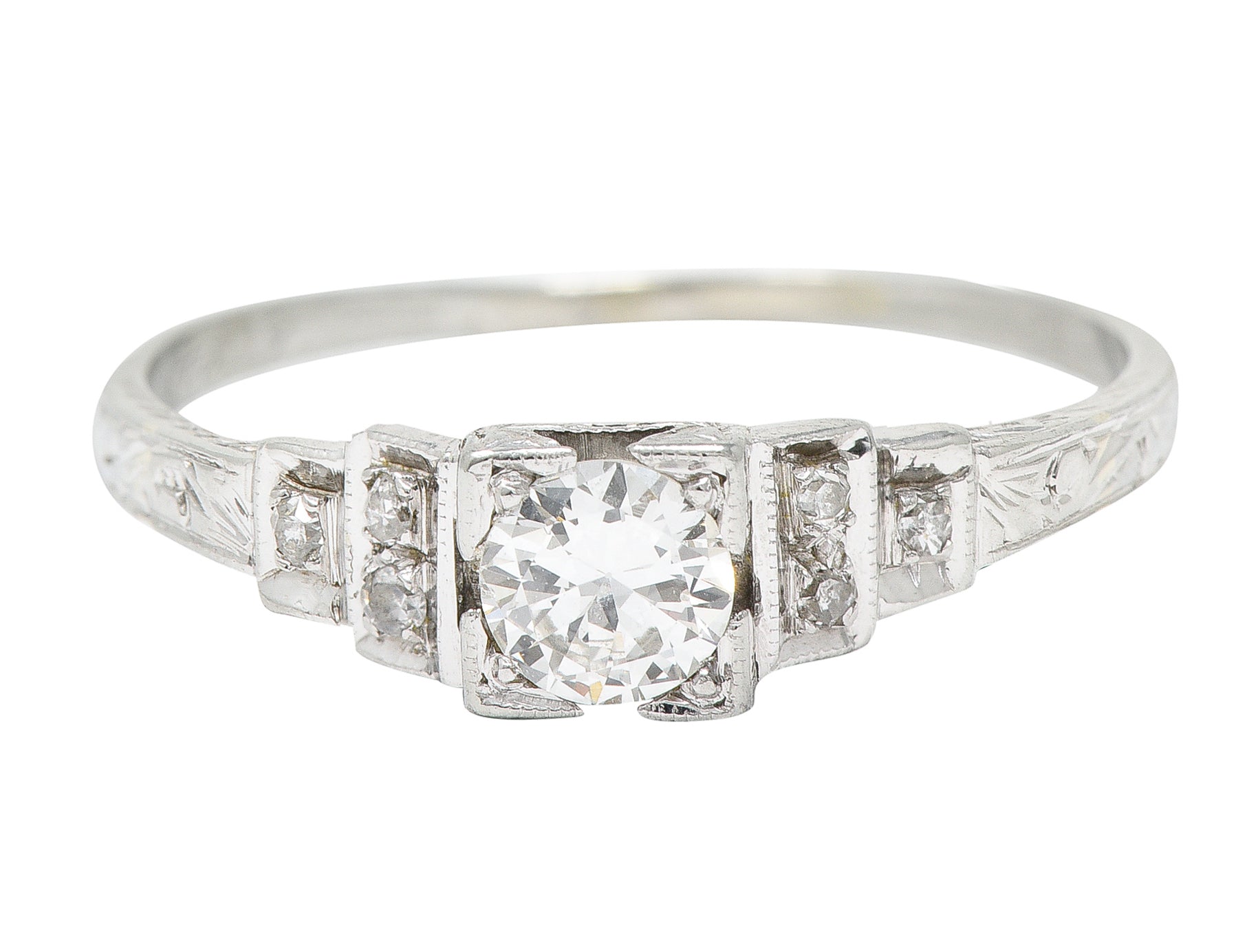 Art Deco 0.40 CTW Diamond 18 Karat White Gold Stepped Shoulder Engagement Ring Wilson's Estate Jewelry