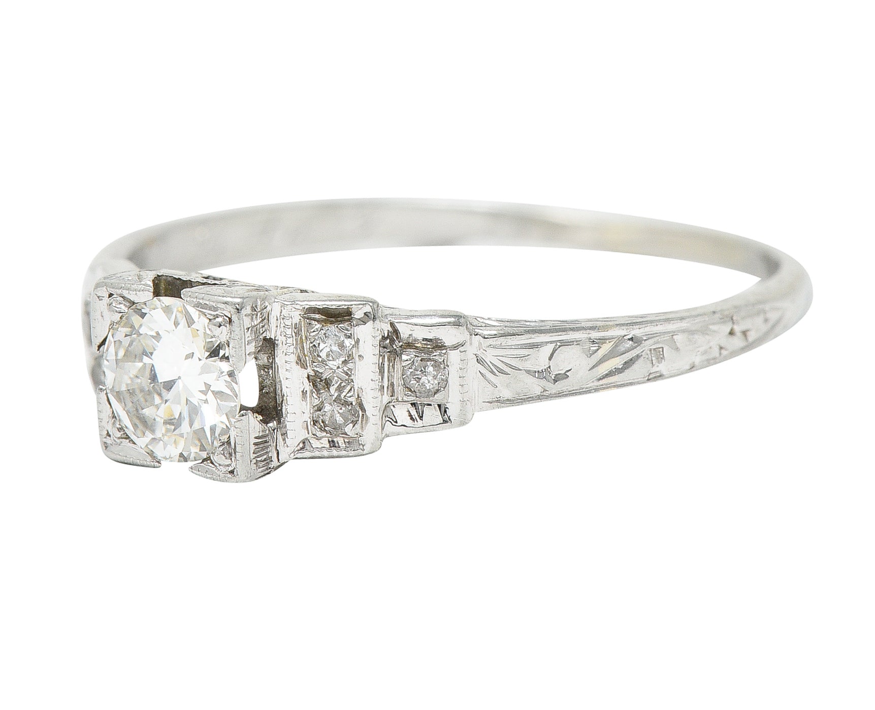 Art Deco 0.40 CTW Diamond 18 Karat White Gold Stepped Shoulder Engagement Ring Wilson's Estate Jewelry