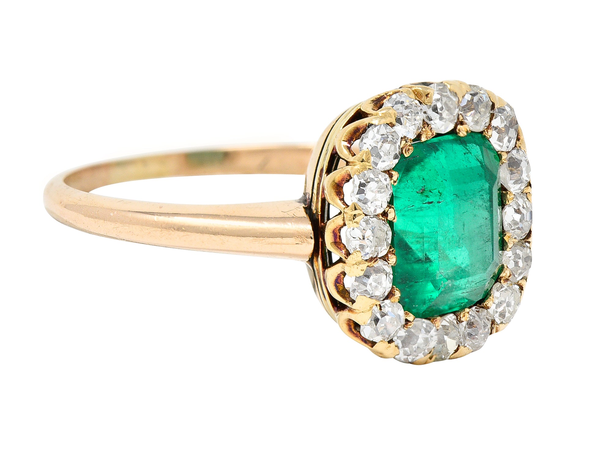 Victorian 2.51 CTW Colombian Emerald Diamond 14 Karat Yellow Gold Halo Ring GIA