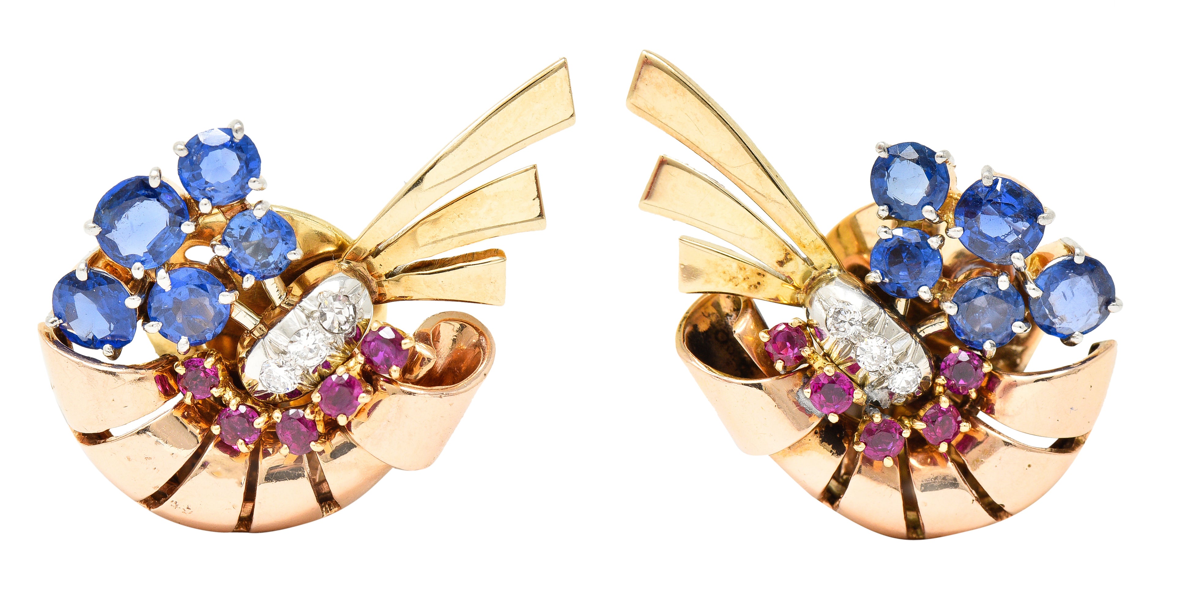 Retro 3.82 CTW Ruby Sapphire Diamond Platinum 14 Karat Two-Tone Gold Ear-Clip Earrings Wilson's Estate Jewelry