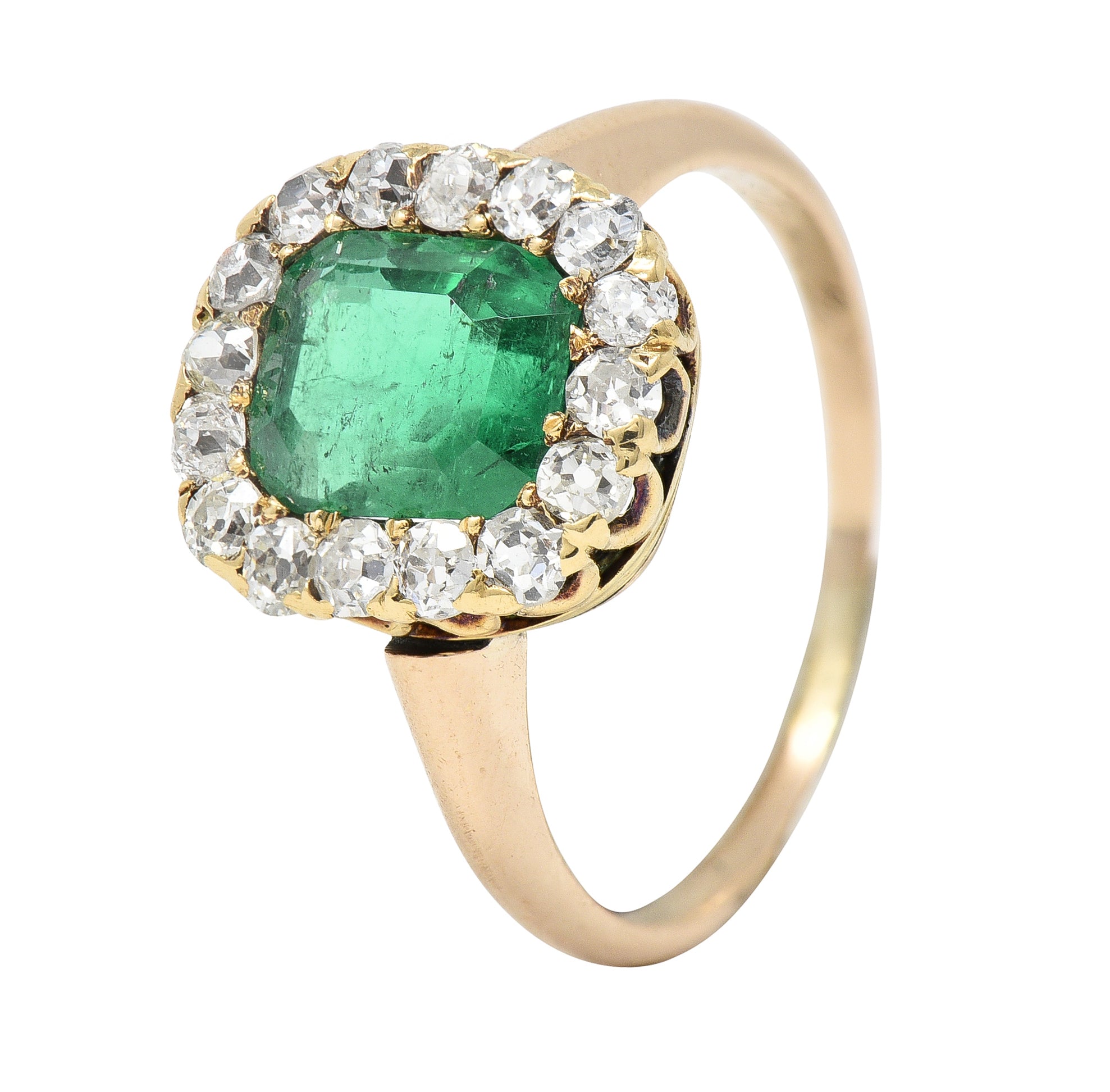 Victorian 2.51 CTW Colombian Emerald Diamond 14 Karat Yellow Gold Halo Ring GIA