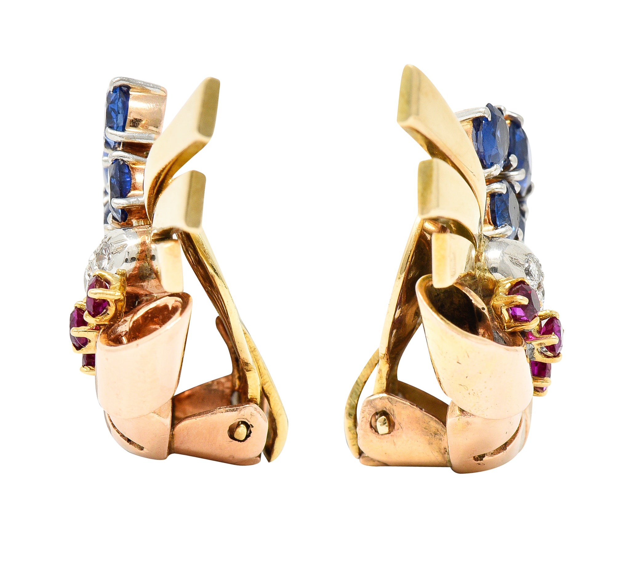 Retro 3.82 CTW Ruby Sapphire Diamond Platinum 14 Karat Two-Tone Gold Ear-Clip Earrings Wilson's Estate Jewelry