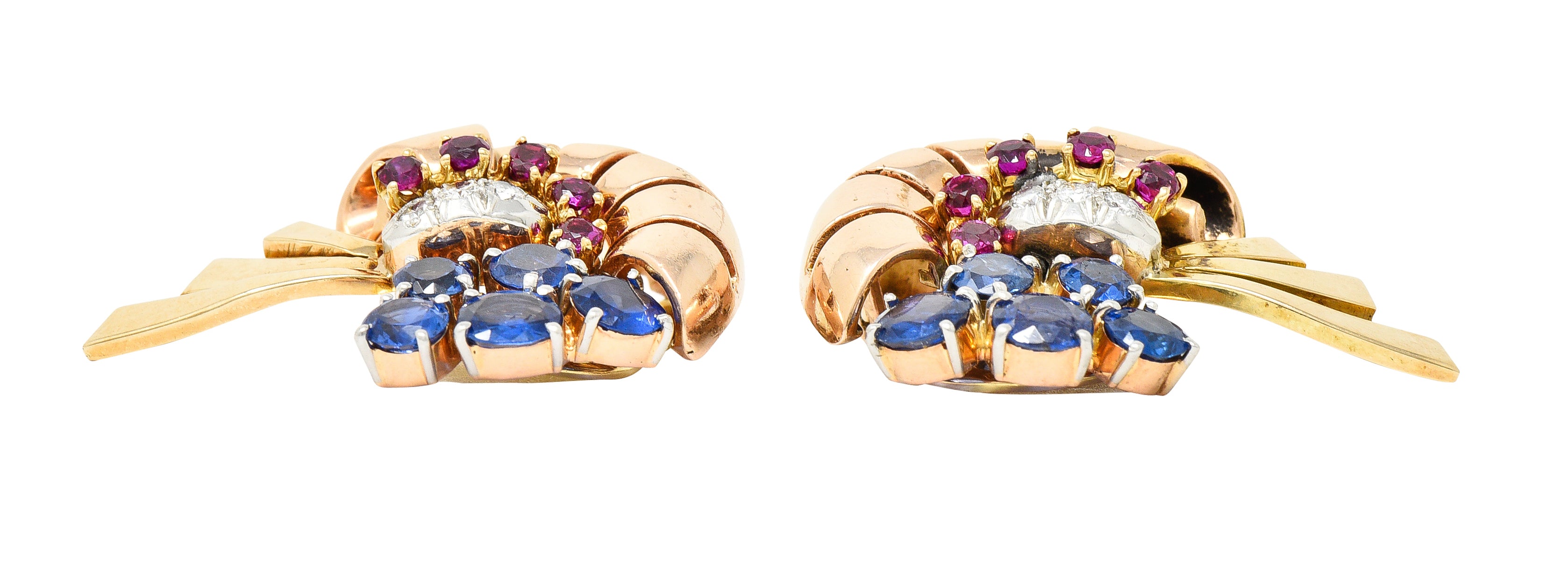 Retro 3.82 CTW Ruby Sapphire Diamond Platinum 14 Karat Two-Tone Gold Ear-Clip Earrings Wilson's Estate Jewelry