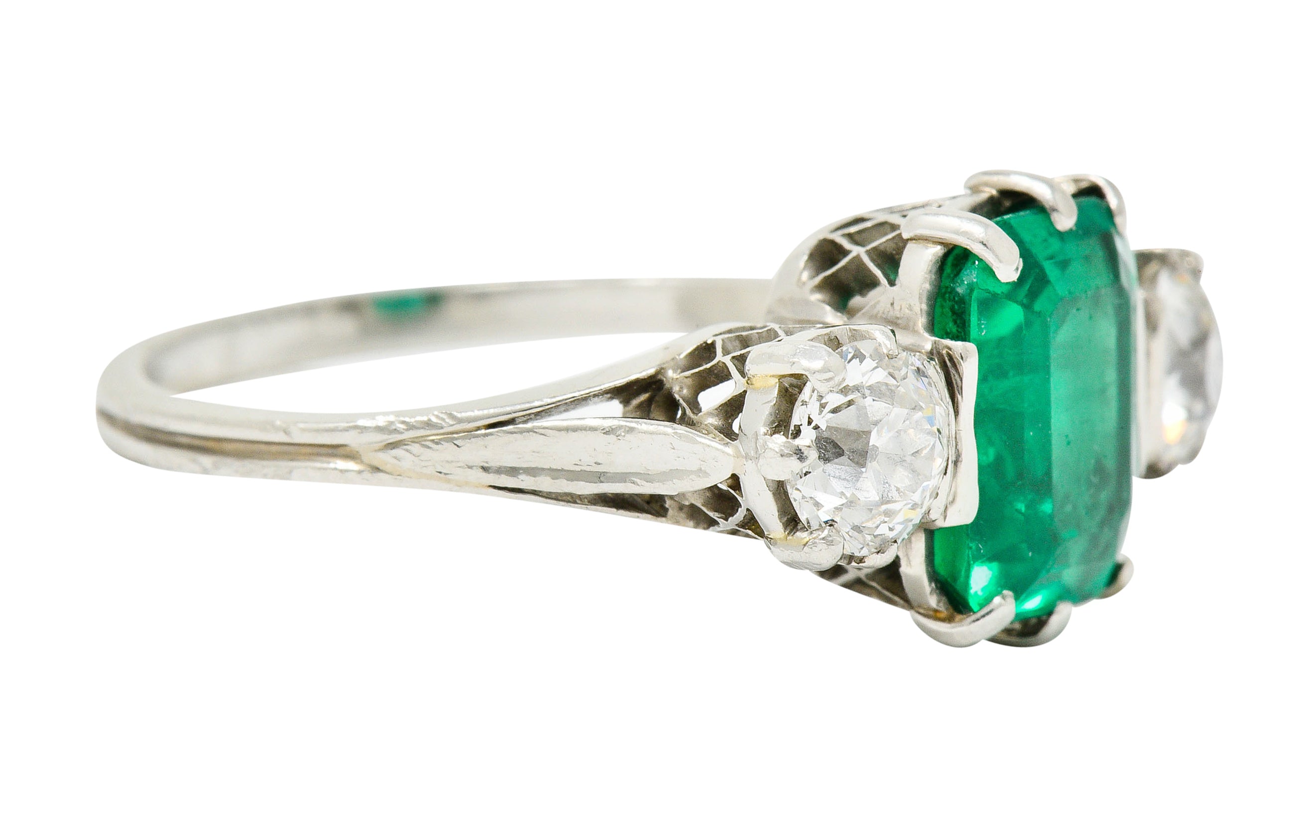 Edwardian 2.80 CTW Colombian Emerald Diamond Platinum Three Stone Ring GIARing - Wilson's Estate Jewelry