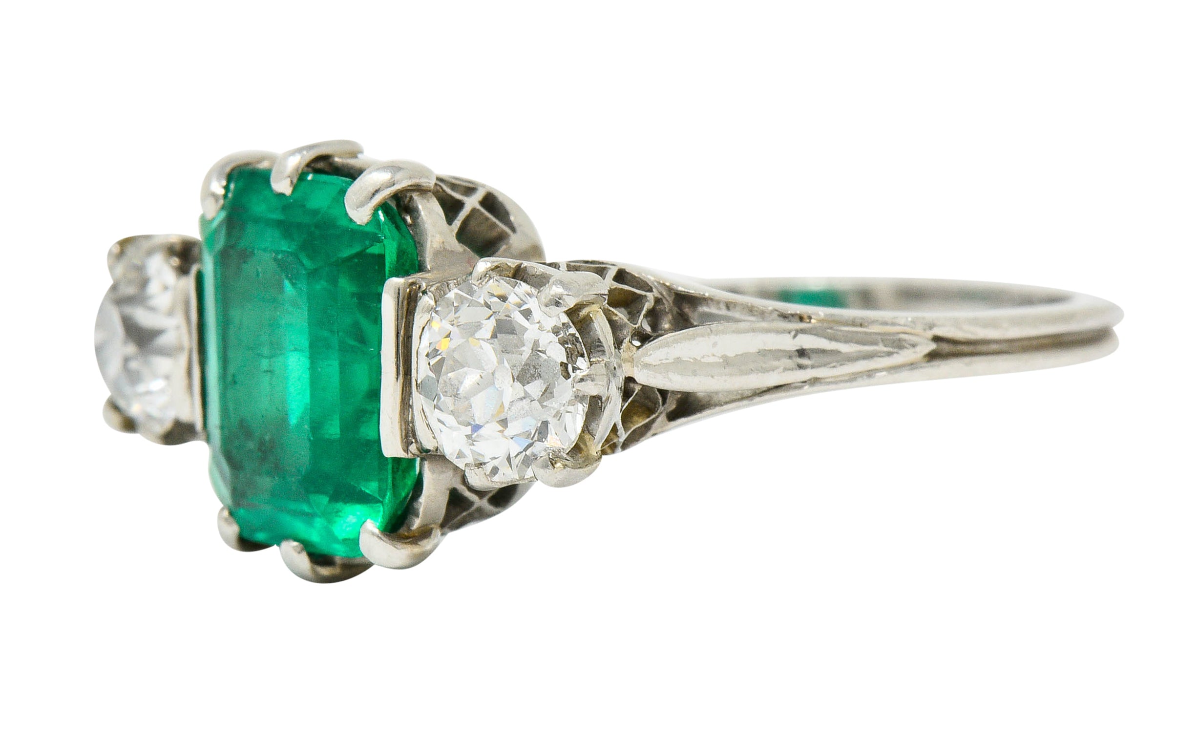 Edwardian 2.80 CTW Colombian Emerald Diamond Platinum Three Stone Ring GIARing - Wilson's Estate Jewelry