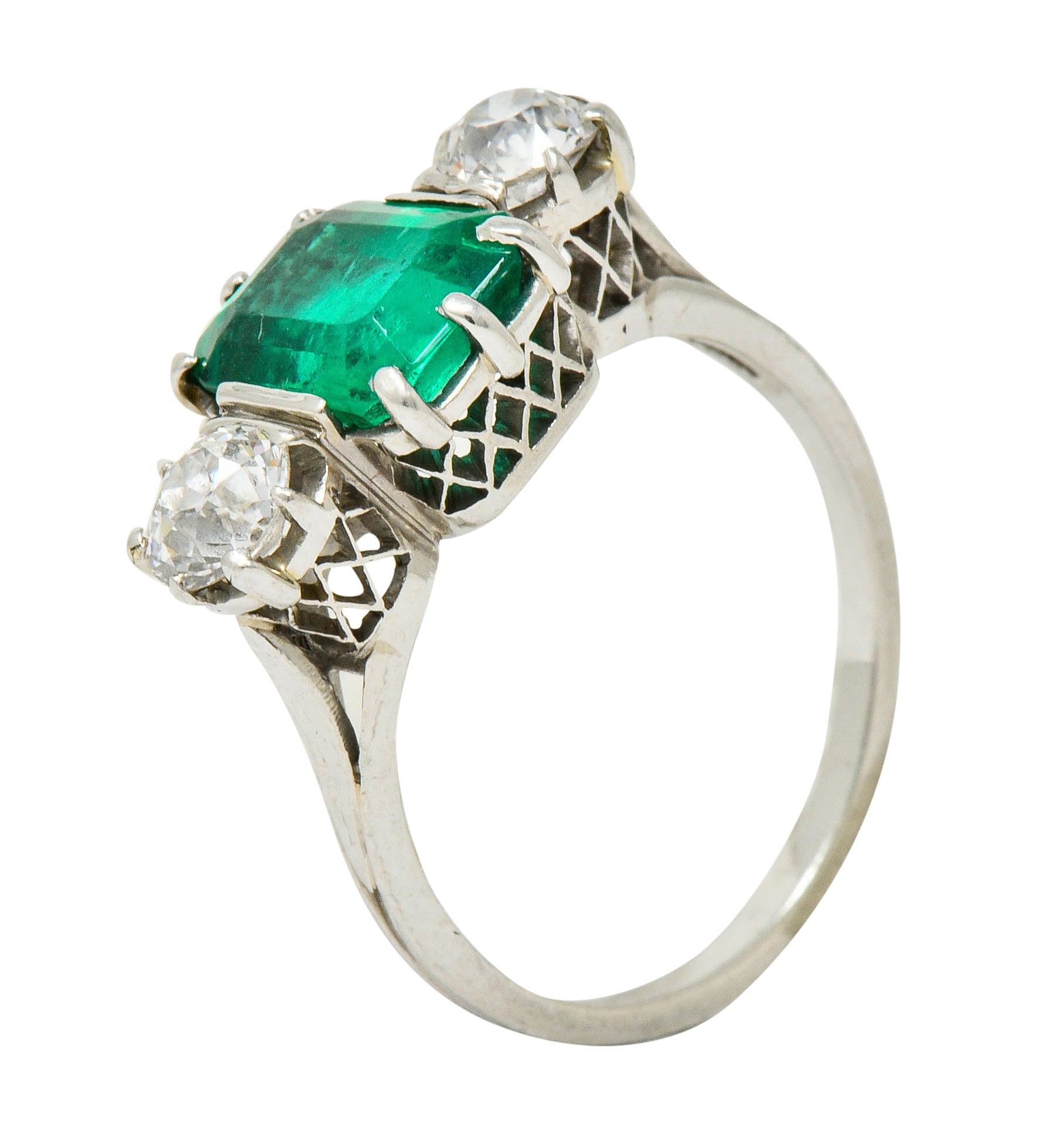 Edwardian 2.80 CTW Colombian Emerald Diamond Platinum Three Stone Ring GIARing - Wilson's Estate Jewelry