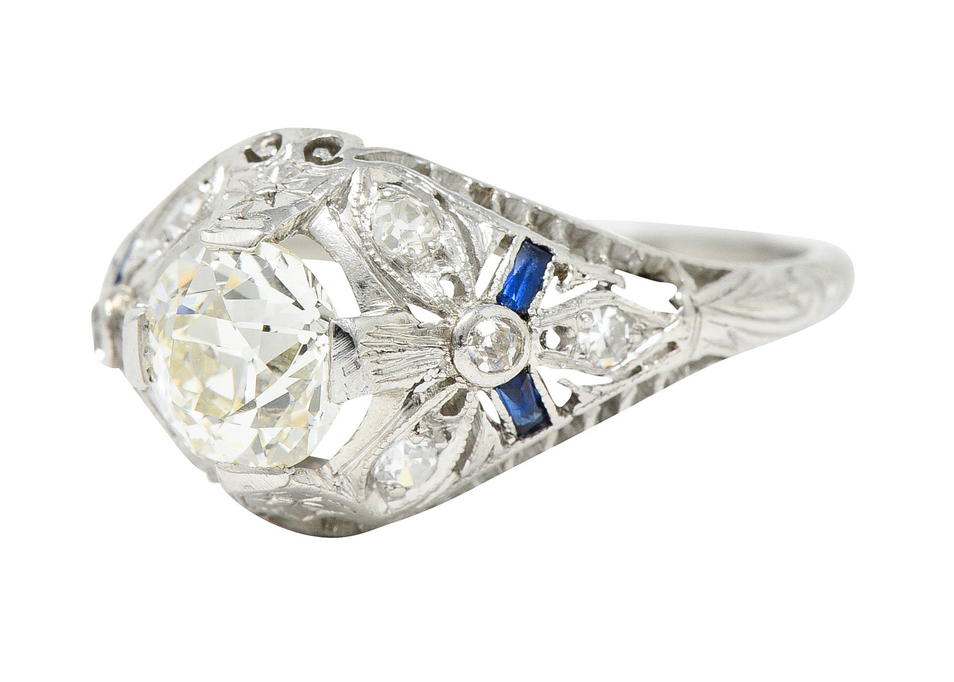 Belle Epoque 1.14 CTW Diamond Sapphire Platinum Bombe Engagement Ring GIARing - Wilson's Estate Jewelry