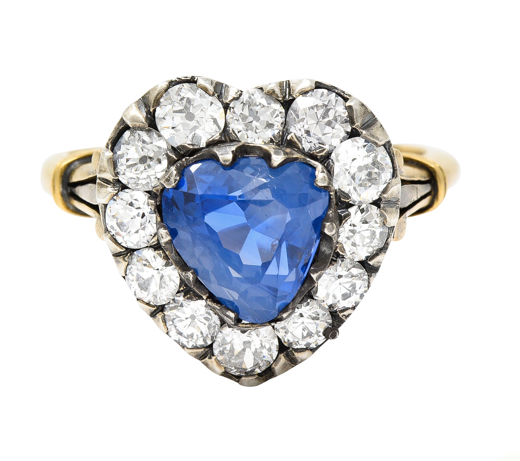 Victorian 4.60 CTW Heart Cut Sapphire Old European Cut Diamond Silver-Topped 18 Karat Yellow Gold Heart Halo Antique Ring Wilson's Estate Jewelry