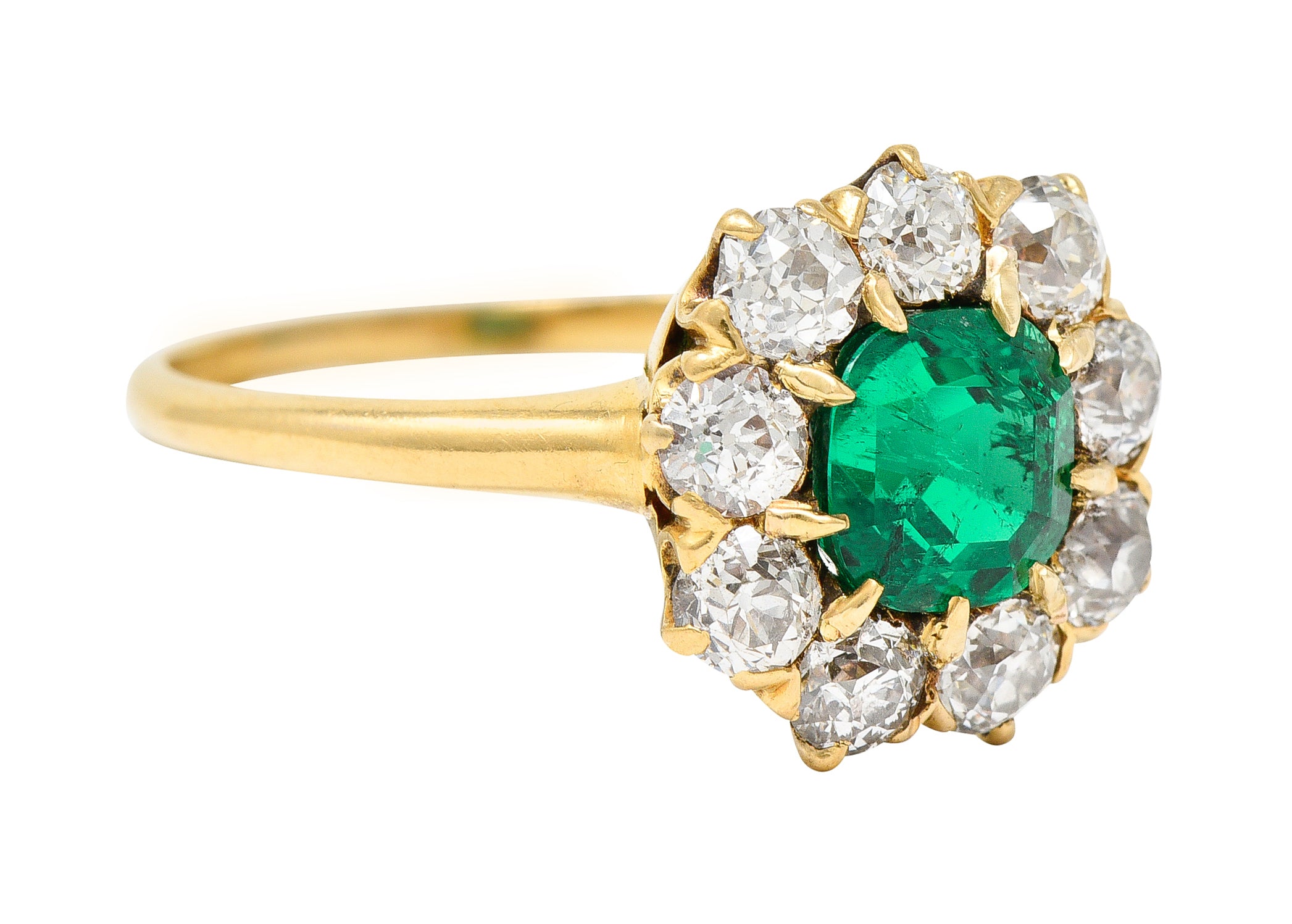 Victorian 2.11 CTW Cushion Cut Colombian Emerald Old European Cut Diamond 18 Karat Yellow Gold Cluster Ring GIA Wilson's Estate Jewelry