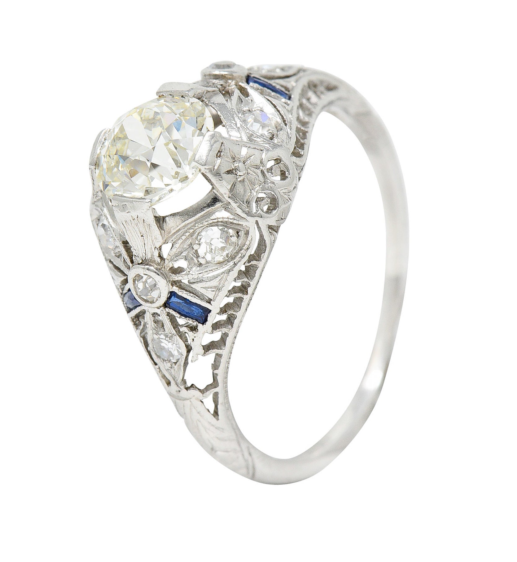 Belle Epoque 1.14 CTW Diamond Sapphire Platinum Bombe Engagement Ring GIARing - Wilson's Estate Jewelry