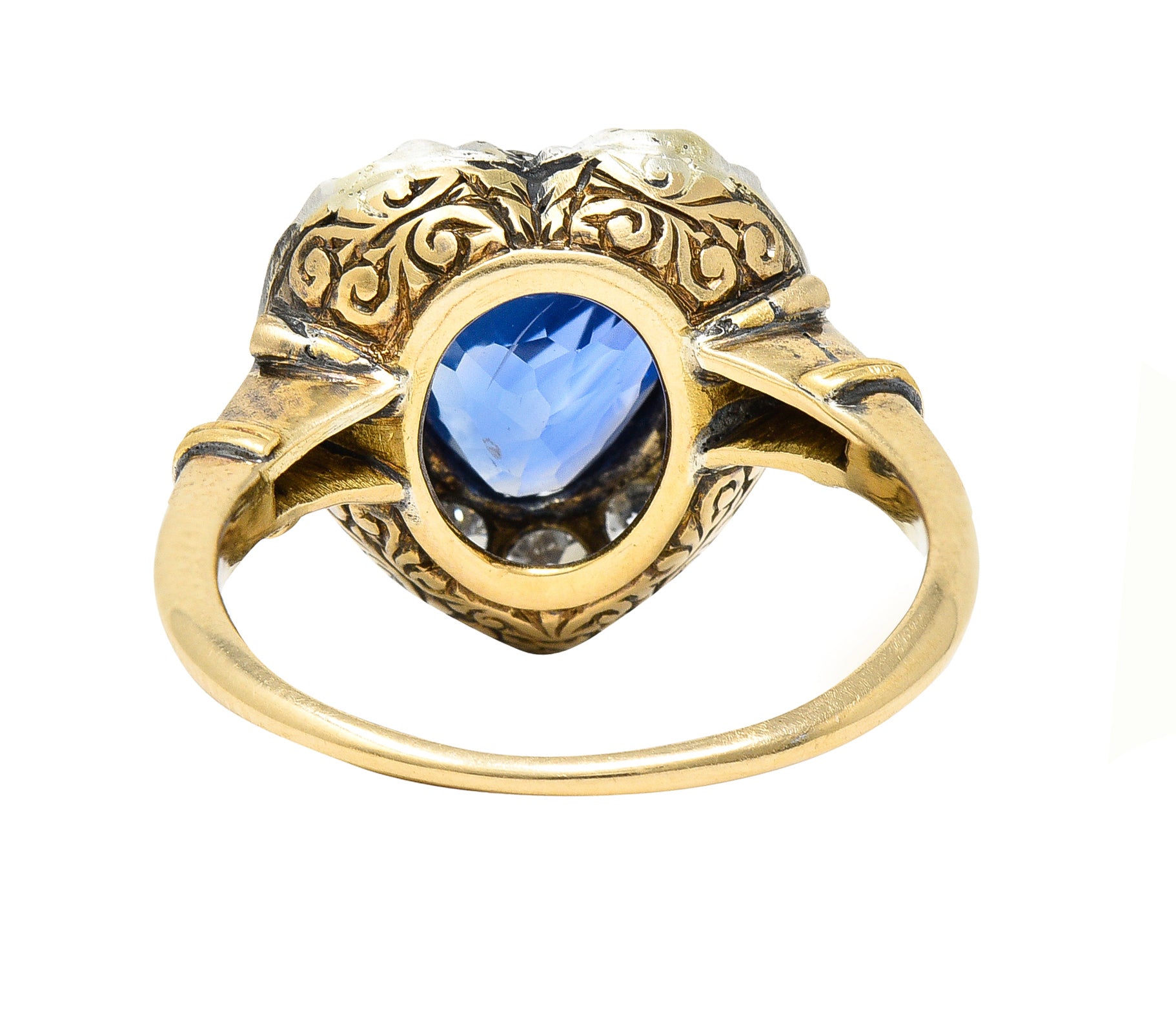 Victorian 4.60 CTW Heart Cut Sapphire Old European Cut Diamond Silver-Topped 18 Karat Yellow Gold Heart Halo Antique Ring Wilson's Estate Jewelry