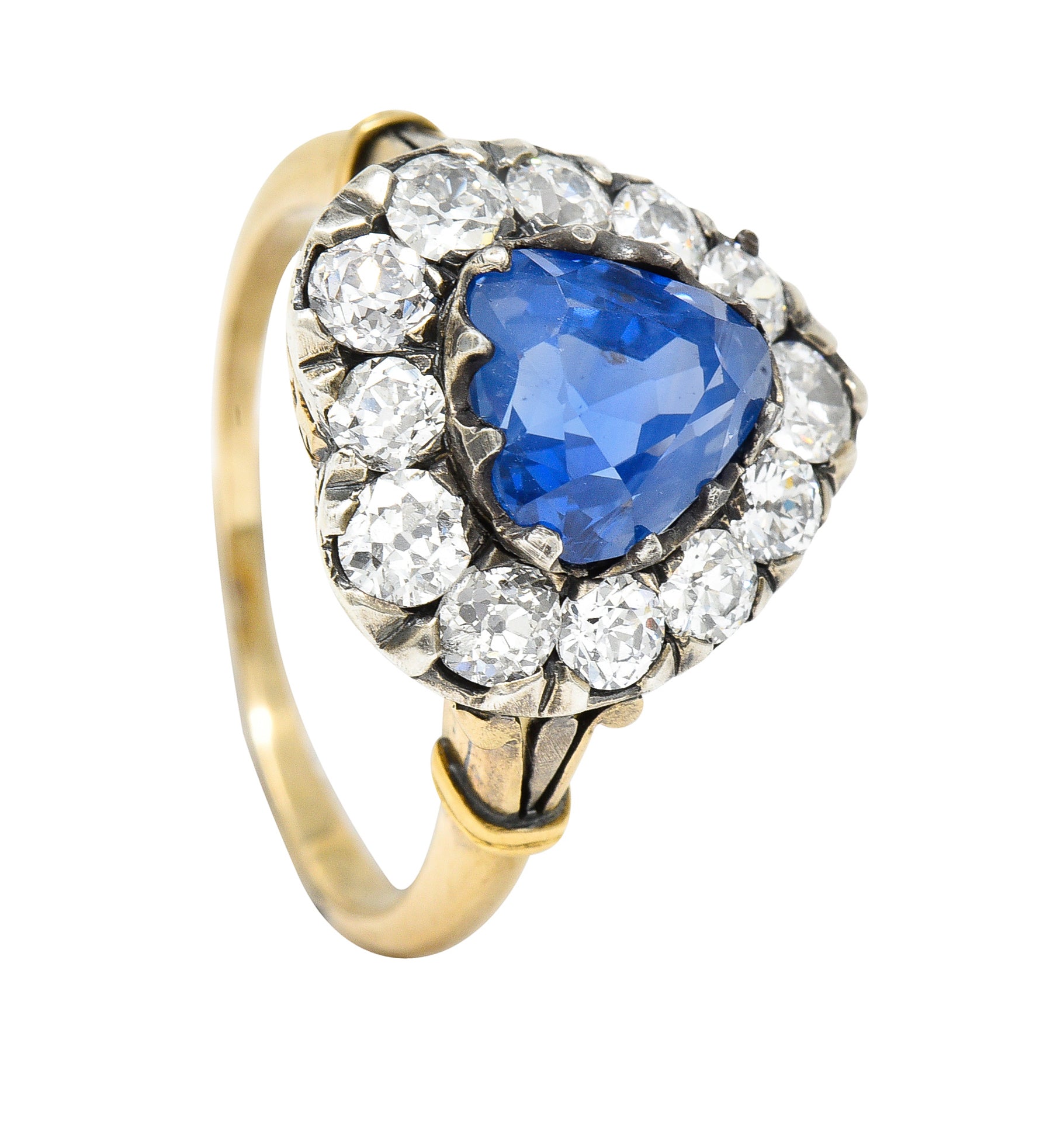 Victorian 4.60 CTW Heart Cut Sapphire Old European Cut Diamond Silver-Topped 18 Karat Yellow Gold Heart Halo Antique Ring Wilson's Estate Jewelry