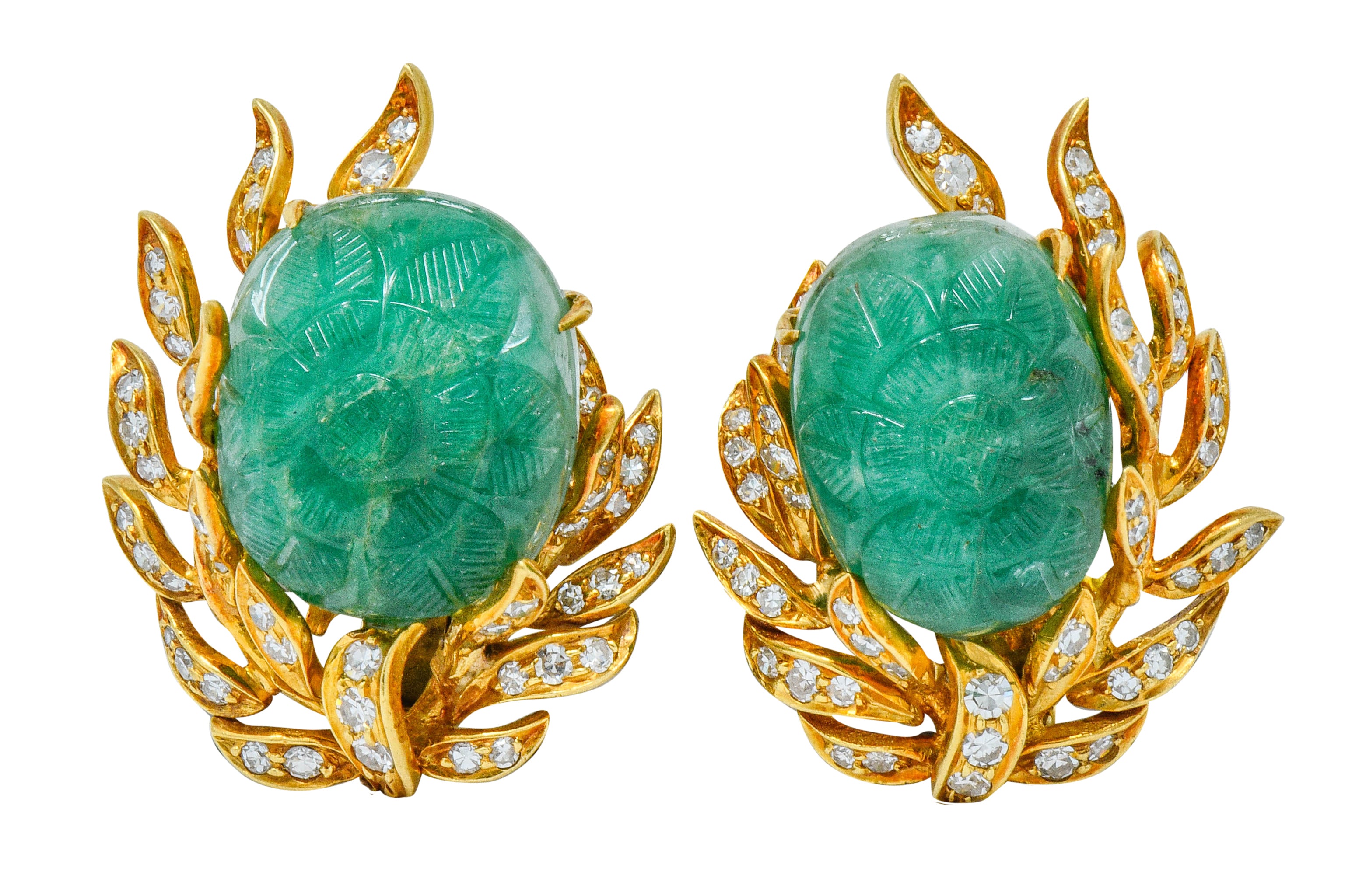 David Webb Mogul Style Diamond Carved Emerald 18 Karat Gold Floral Ear-Clip EarringsEarrings - Wilson's Estate Jewelry