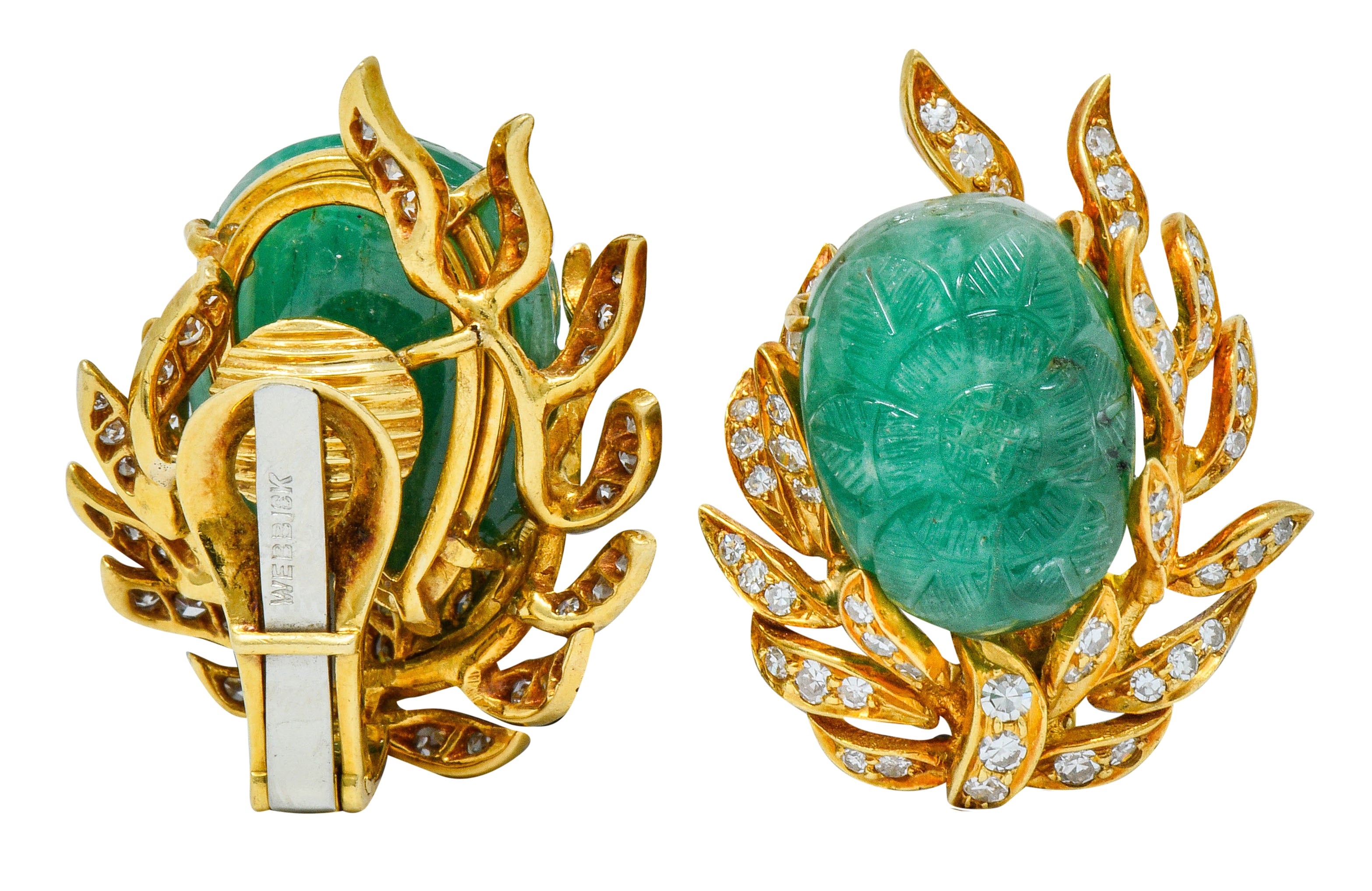 David Webb Mogul Style Diamond Carved Emerald 18 Karat Gold Floral Ear-Clip EarringsEarrings - Wilson's Estate Jewelry