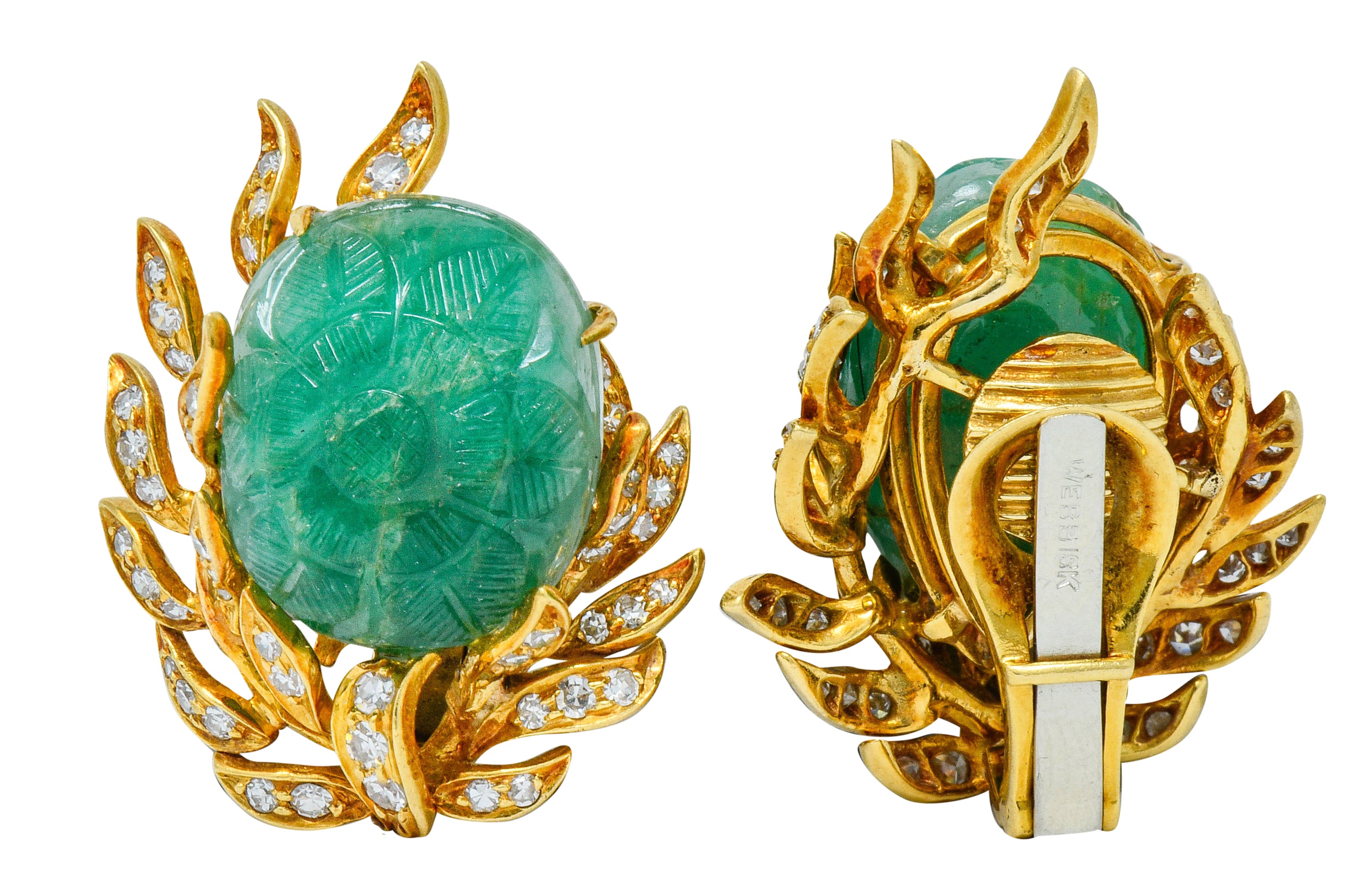 David Webb Mogul Style Diamond Carved Emerald 18 Karat Gold Floral Ear-Clip EarringsEarrings - Wilson's Estate Jewelry