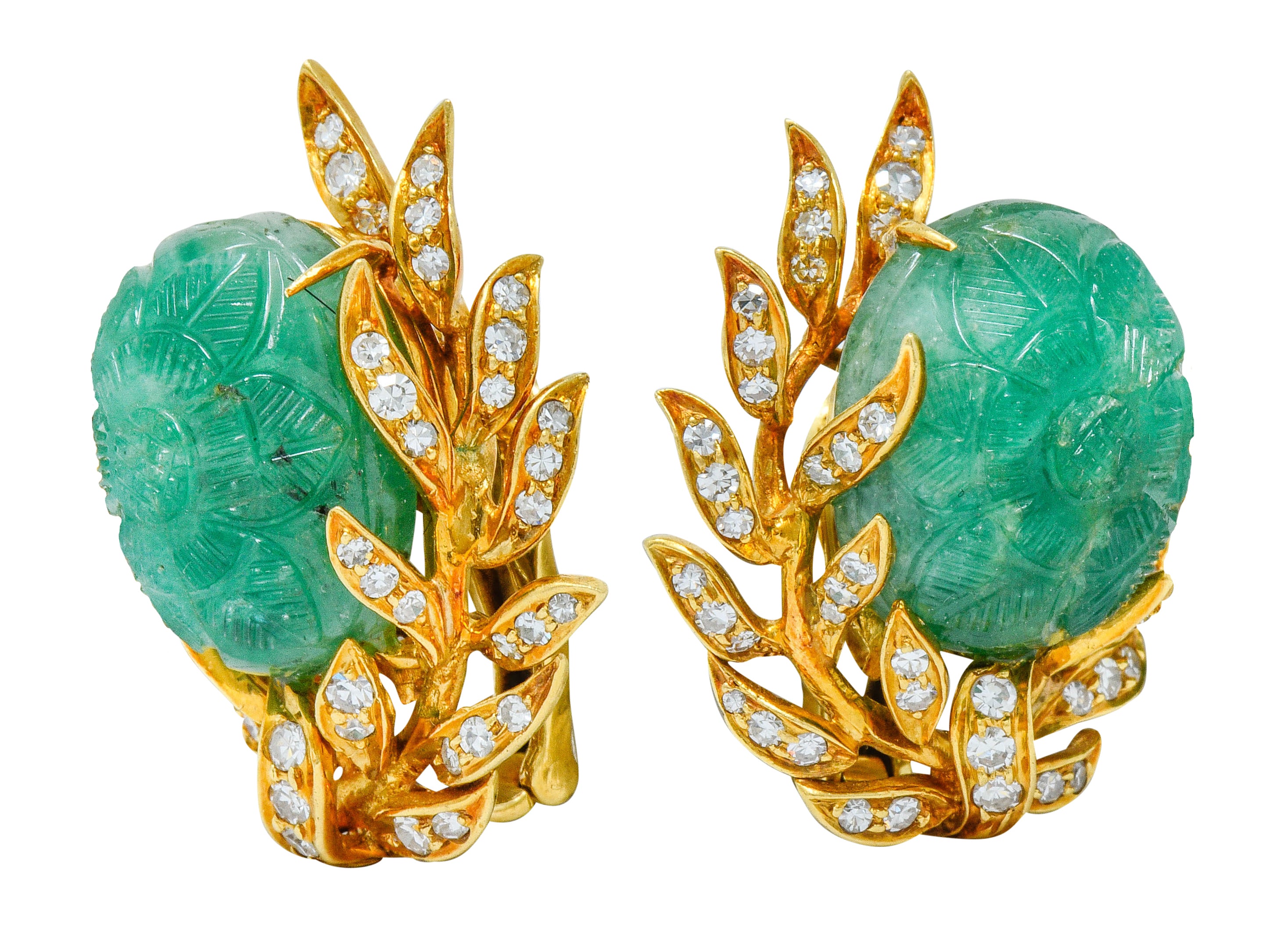 David Webb Mogul Style Diamond Carved Emerald 18 Karat Gold Floral Ear-Clip EarringsEarrings - Wilson's Estate Jewelry